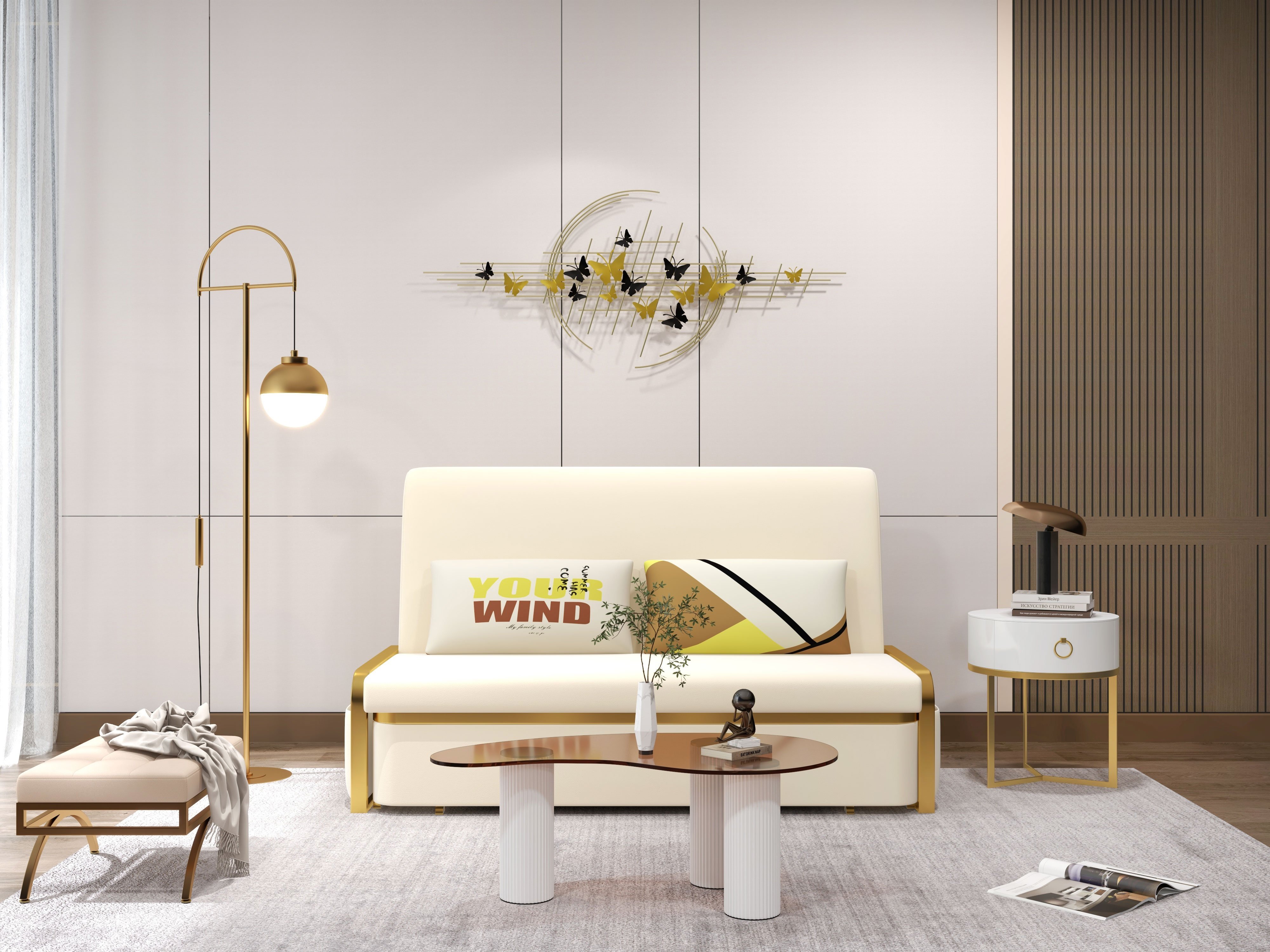 HMR 2-Seater Velvet Convertible Sleeper Sofa - Beige, Queen Size