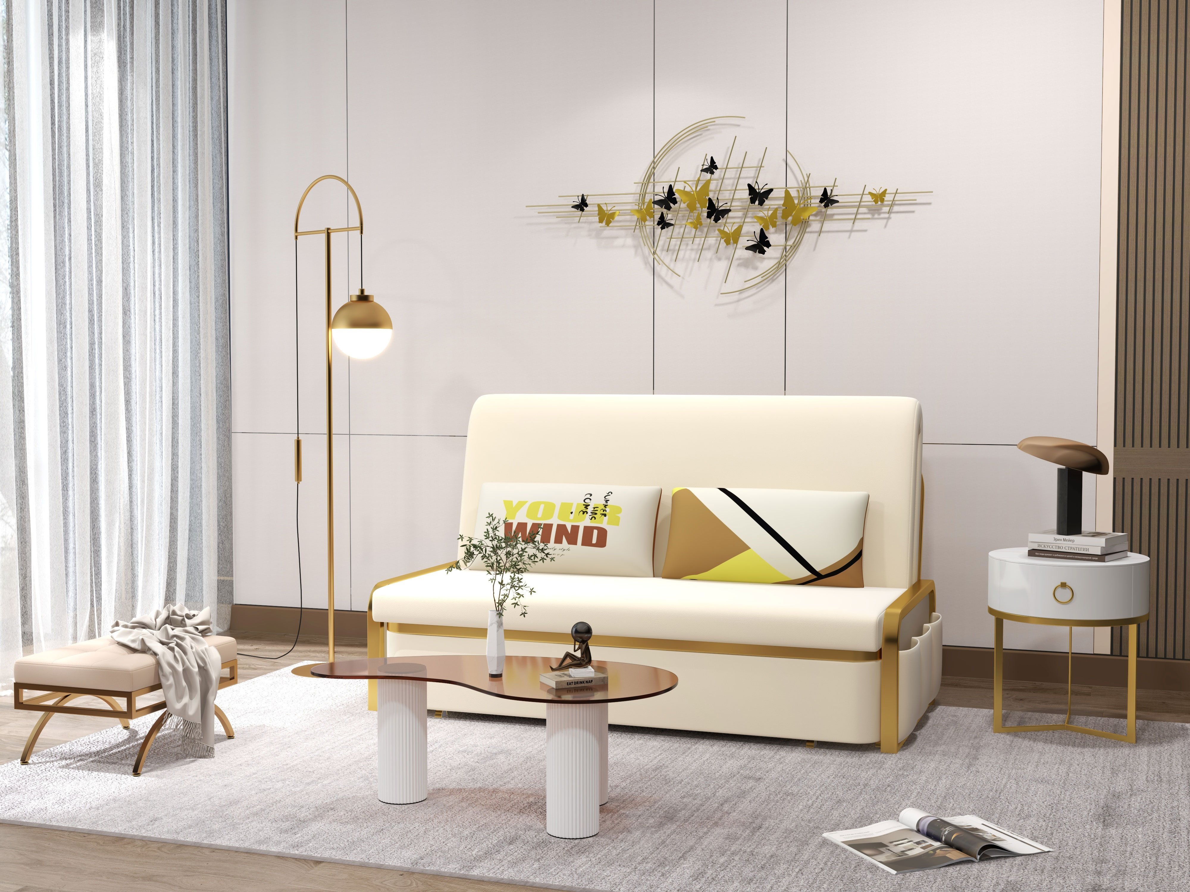 HMR 2-Seater Velvet Convertible Sleeper Sofa - Beige, Queen Size