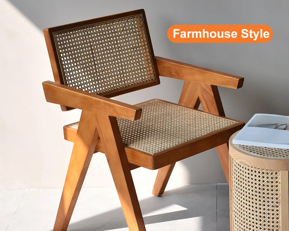 HMR Archic Japandi Bleached Wood Rattan Dining Chair with Solid Wood Frame - Walnut, Without Upholstery, 1-Piece