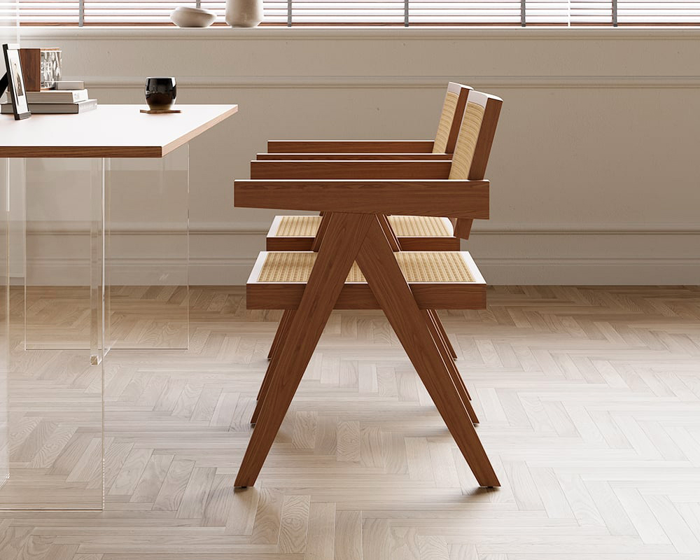 HMR Archic Japandi Bleached Wood Rattan Dining Chair with Solid Wood Frame - Walnut, Without Upholstery, 1-Piece