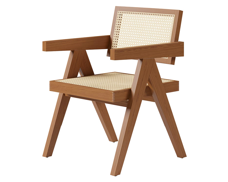HMR Archic Japandi Bleached Wood Rattan Dining Chair with Solid Wood Frame - Walnut, Without Upholstery, 1-Piece