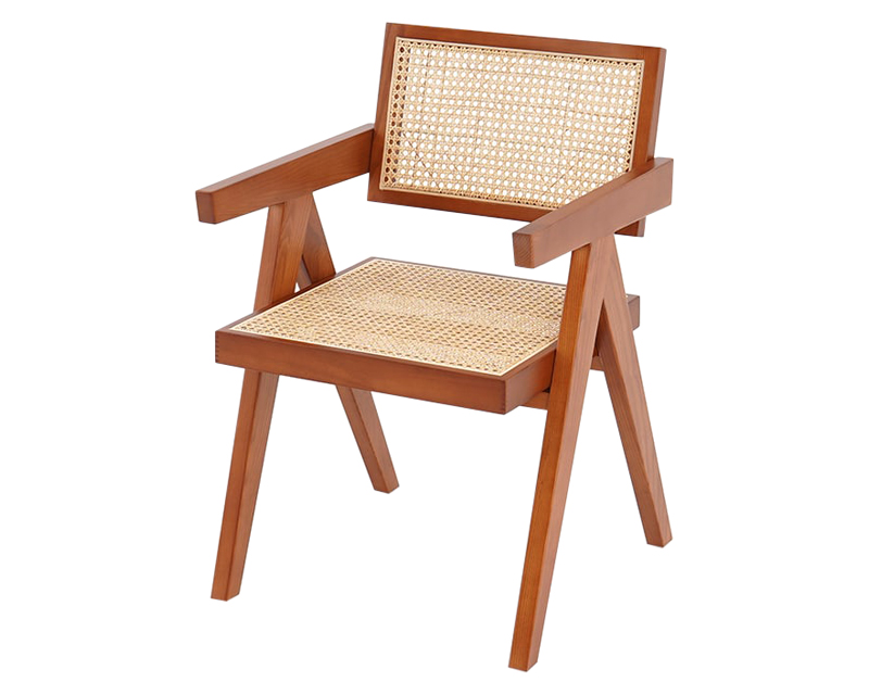 HMR Archic Japandi Bleached Wood Rattan Dining Chair with Solid Wood Frame - Walnut, Without Upholstery, 1-Piece