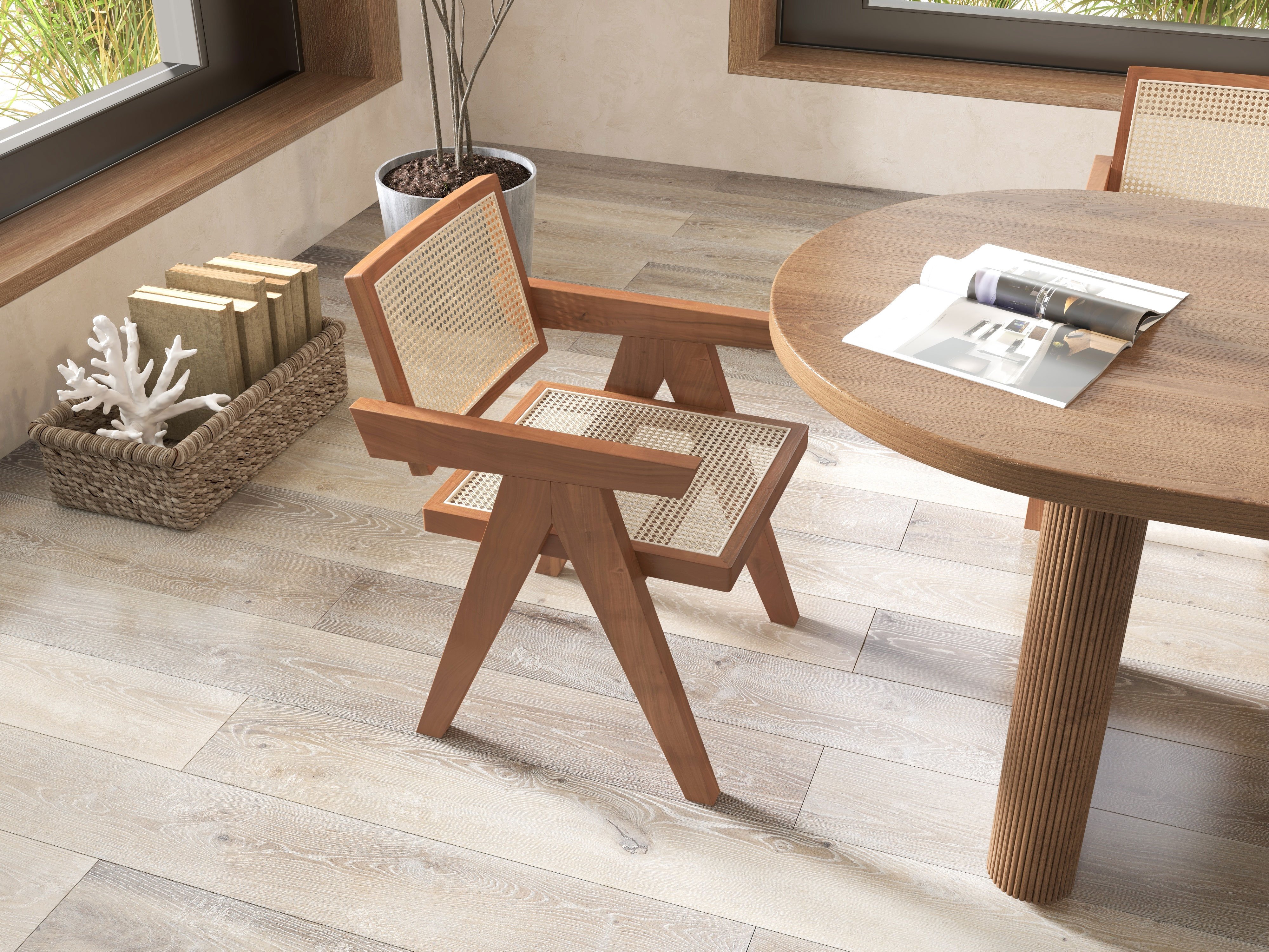 HMR Archic Japandi Bleached Wood Rattan Dining Chair with Solid Wood Frame - Walnut, Without Upholstery, 1-Piece