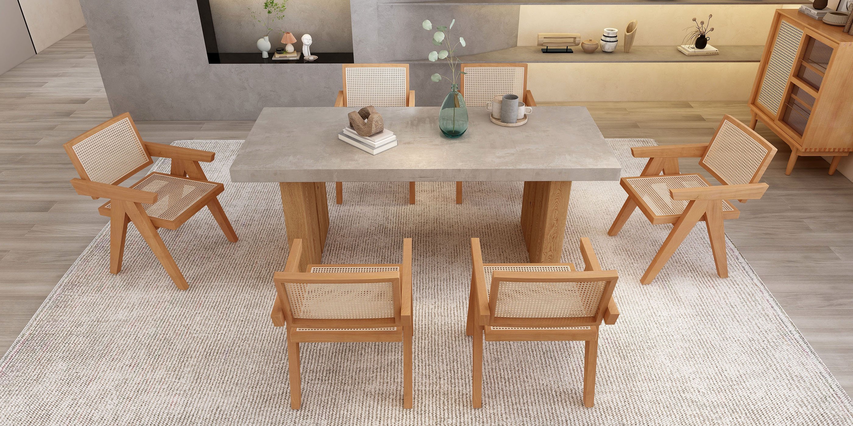 HMR Archic Japandi Bleached Wood Rattan Dining Chair with Solid Wood Frame - Walnut, Without Upholstery, 1-Piece