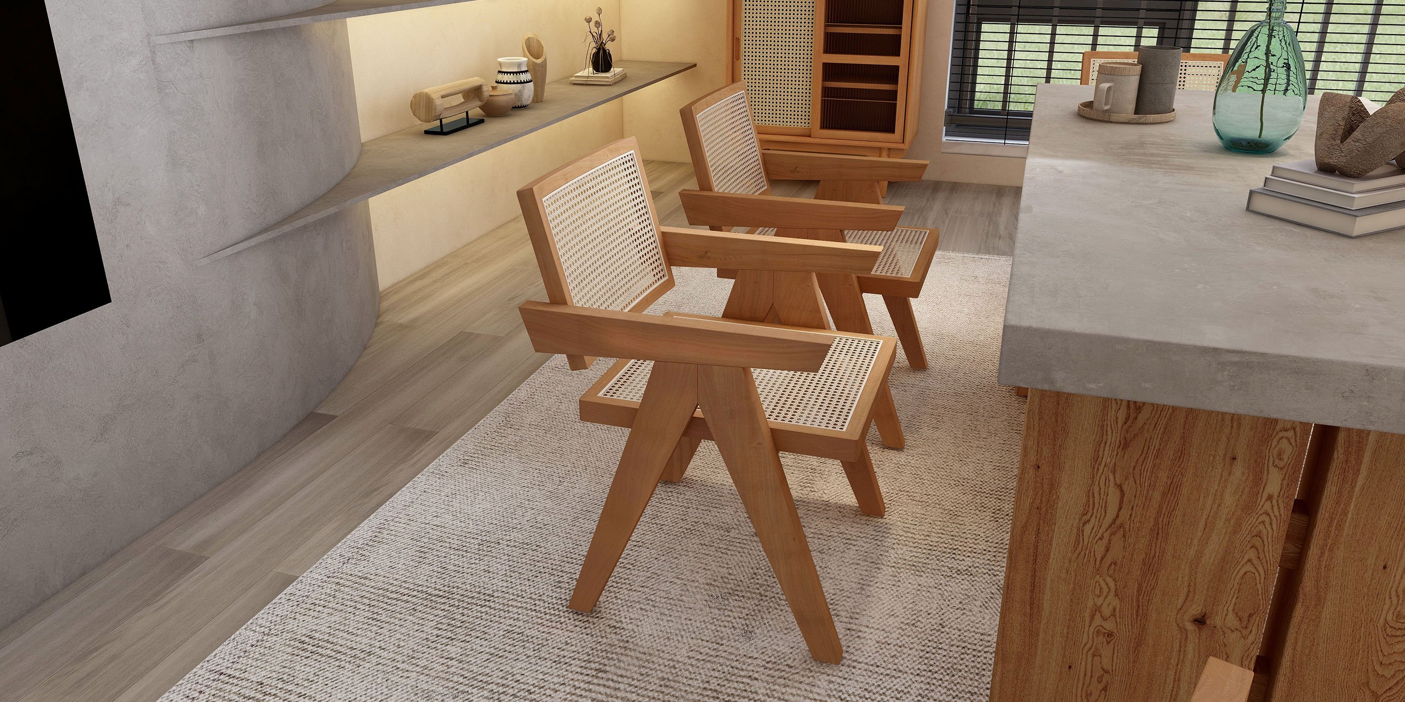 HMR Archic Japandi Bleached Wood Rattan Dining Chair with Solid Wood Frame - Walnut, Without Upholstery, 1-Piece