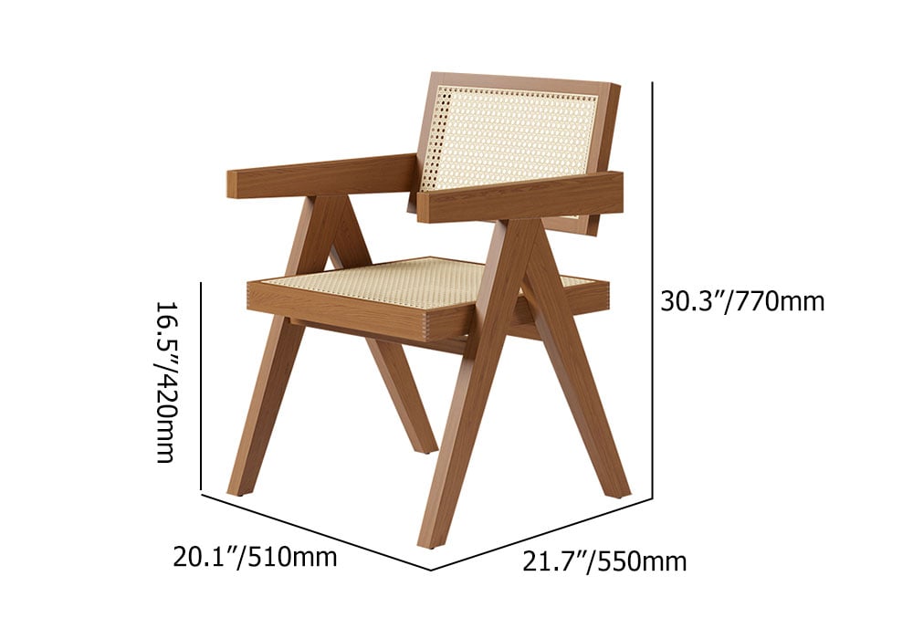 HMR Archic Japandi Bleached Wood Rattan Dining Chair with Solid Wood Frame - Walnut, Without Upholstery, 1-Piece