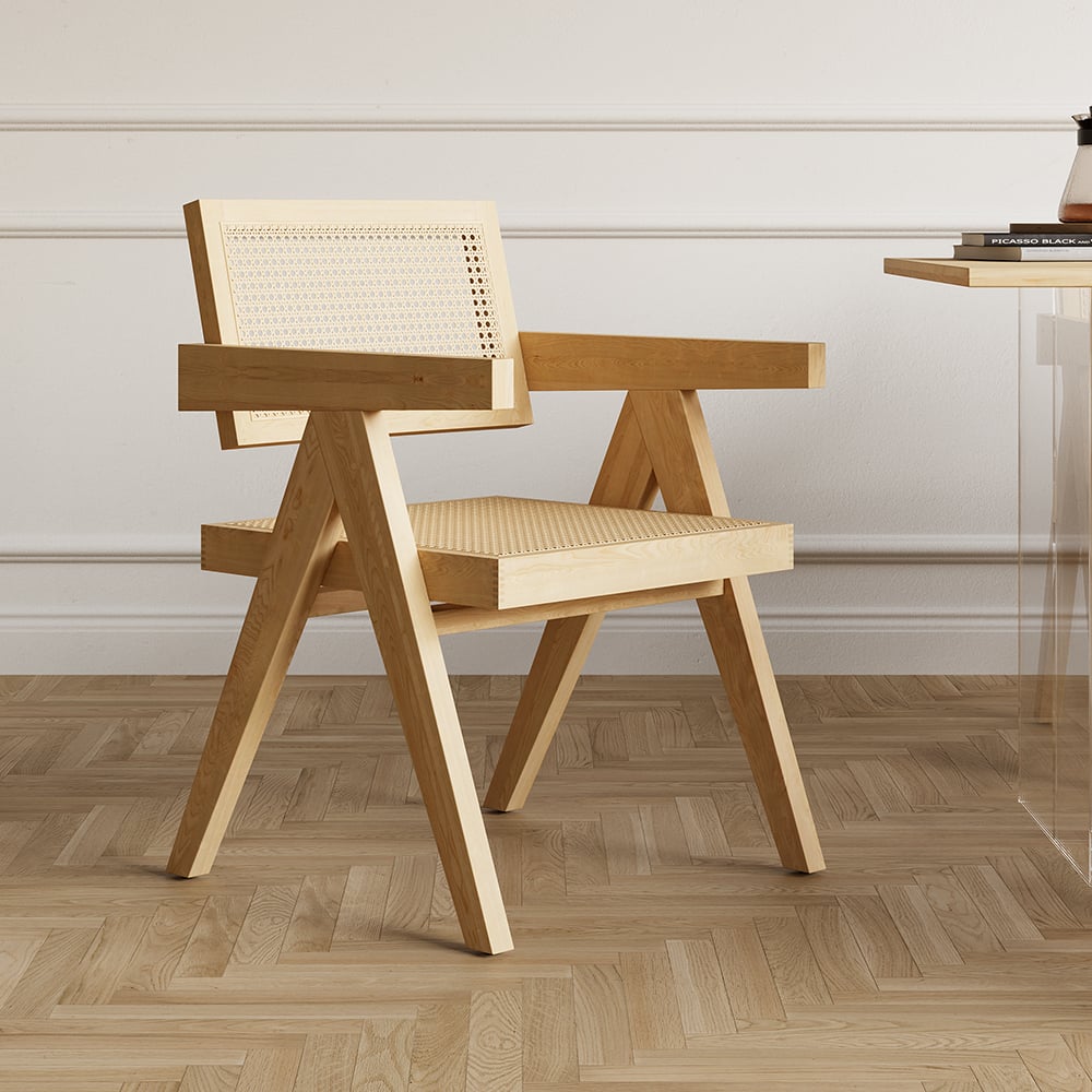 HMR Archic Japandi Bleached Wood Rattan Dining Chair with Solid Wood Frame - Natural, Without Upholstery, 1-Piece