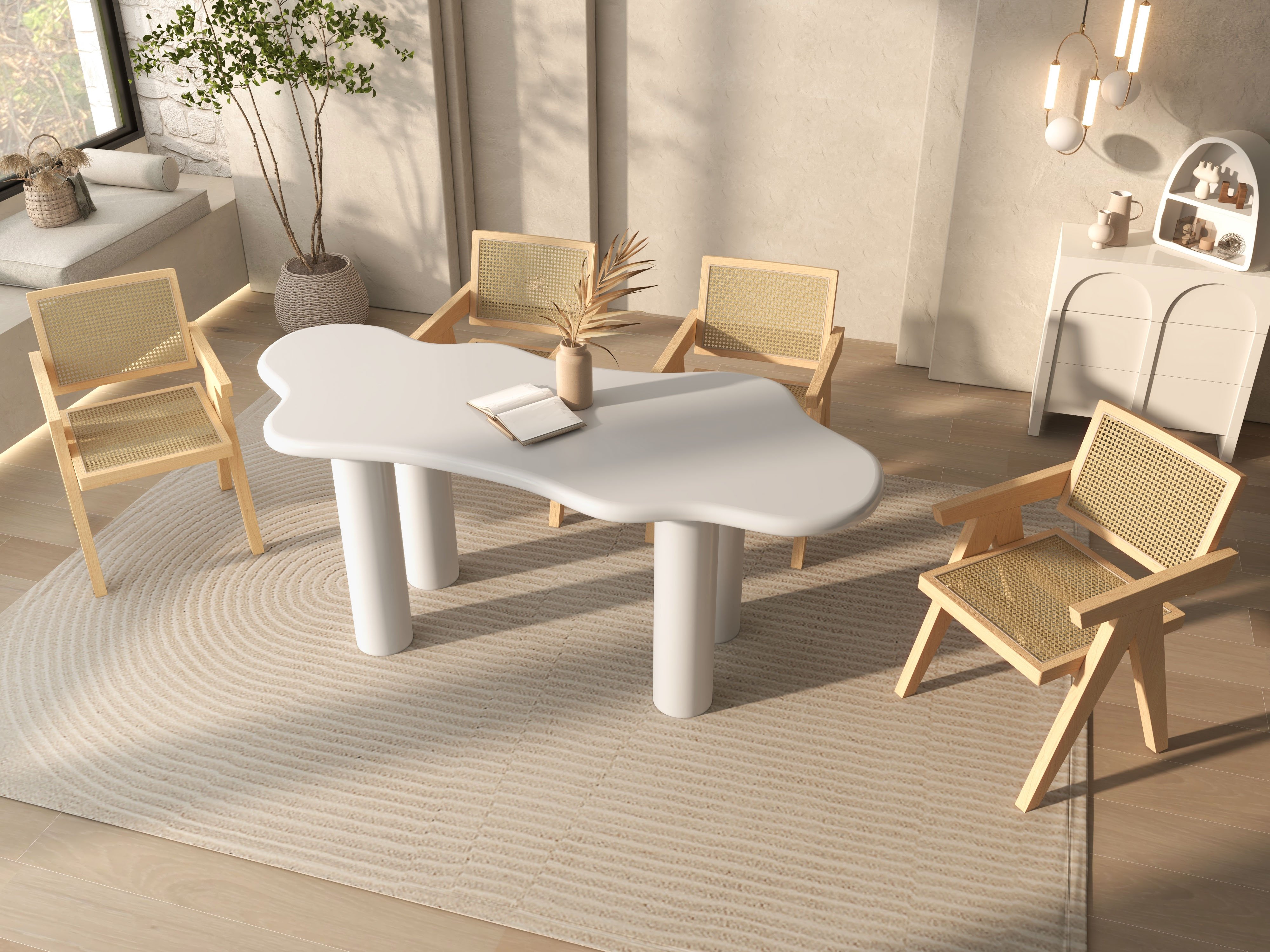 HMR Archic Japandi Bleached Wood Rattan Dining Chair with Solid Wood Frame - Natural, Without Upholstery, 1-Piece