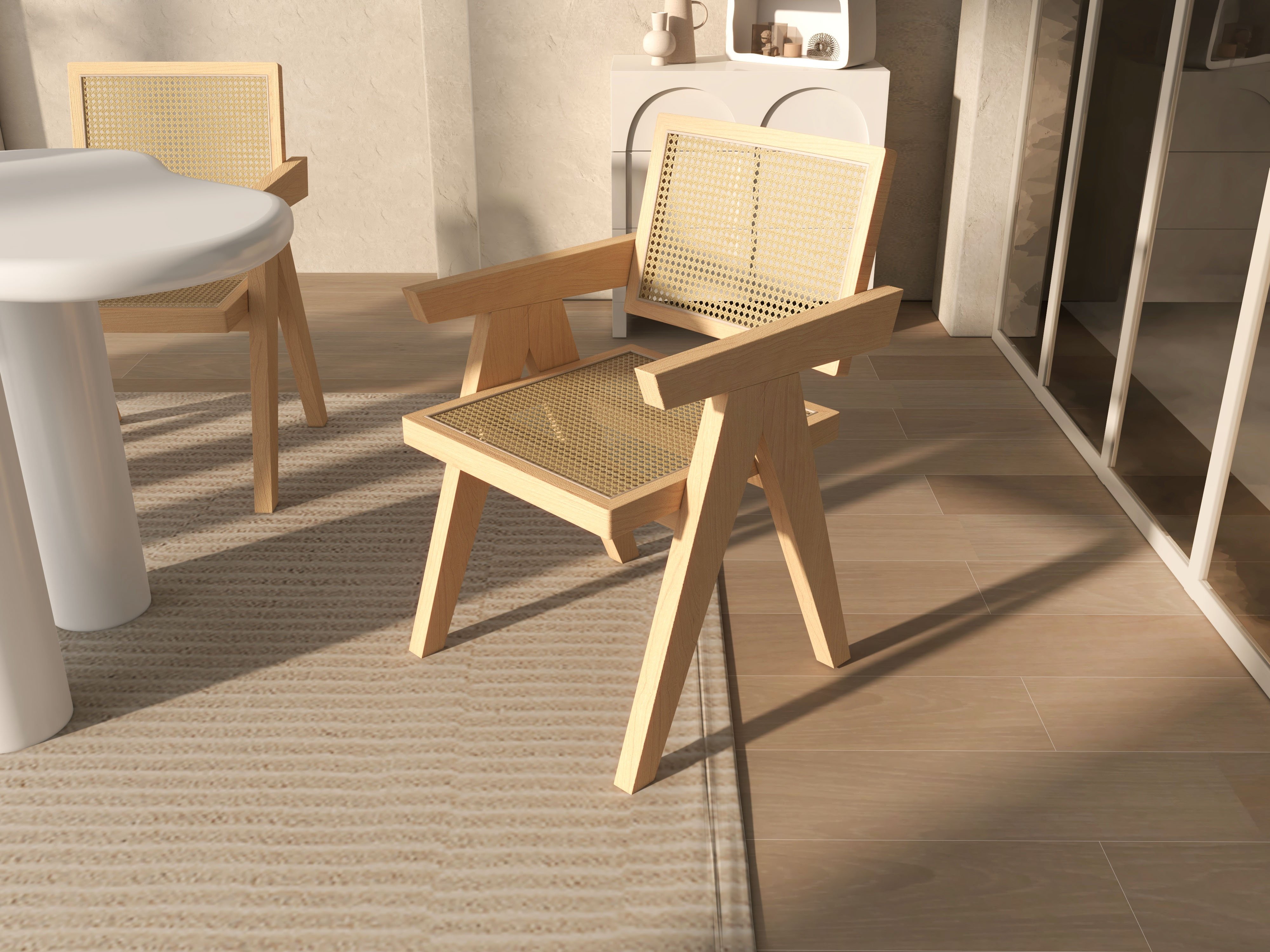 HMR Archic Japandi Bleached Wood Rattan Dining Chair with Solid Wood Frame - Natural, Without Upholstery, 1-Piece