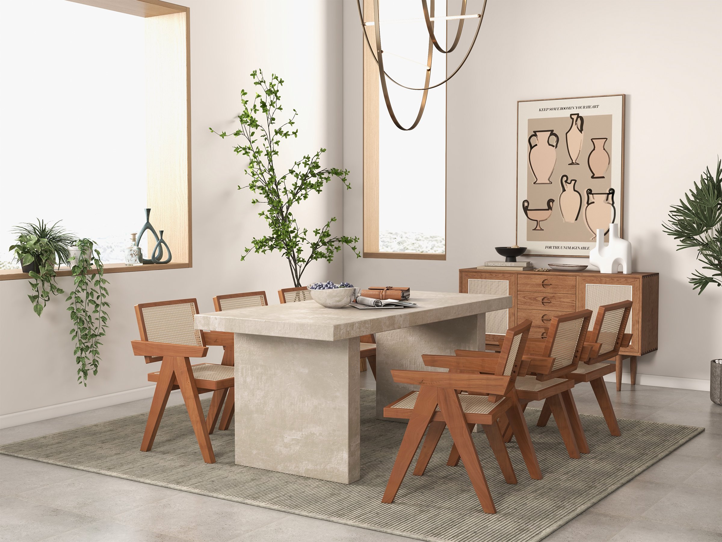 HMR Archic Japandi Bleached Wood Rattan Dining Chair with Solid Wood Frame - Natural, Without Upholstery, 1-Piece