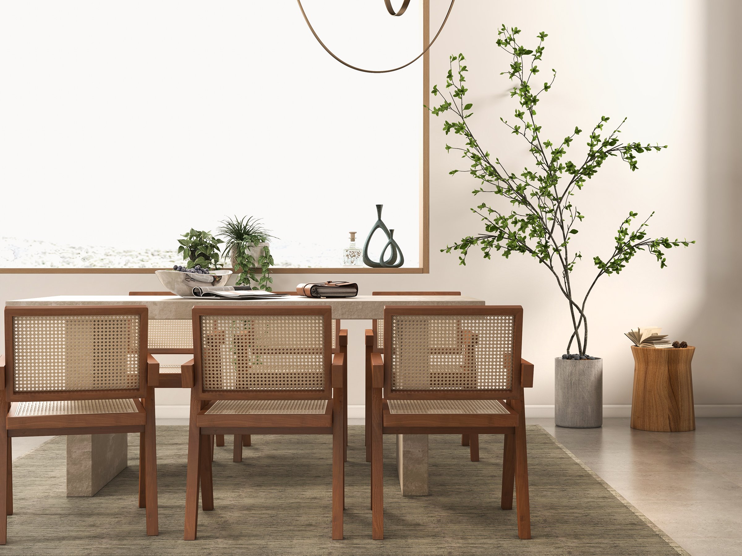 HMR Archic Japandi Bleached Wood Rattan Dining Chair with Solid Wood Frame - Natural, Without Upholstery, 1-Piece
