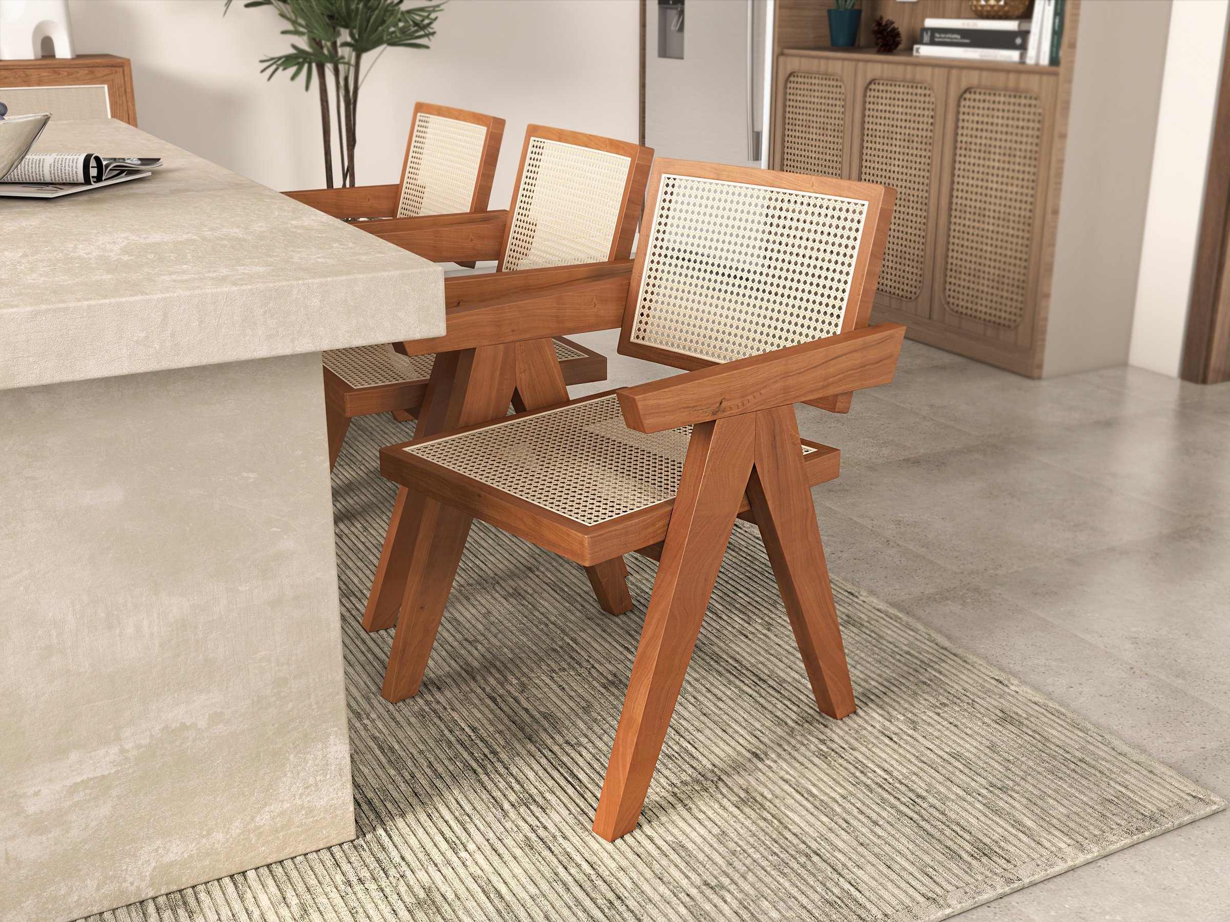 HMR Archic Japandi Bleached Wood Rattan Dining Chair with Solid Wood Frame - Natural, Without Upholstery, 1-Piece