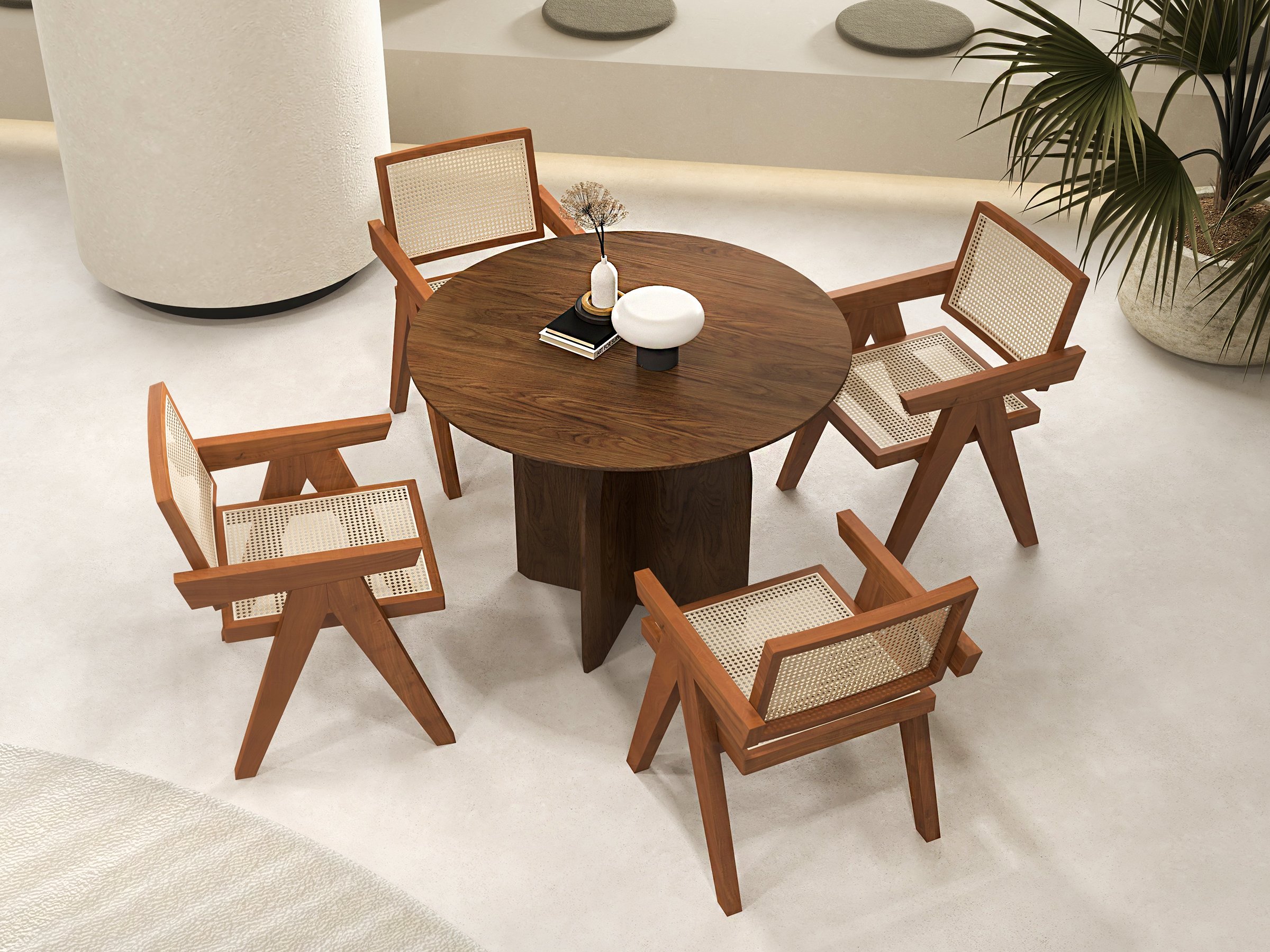 HMR Archic Japandi Bleached Wood Rattan Dining Chair with Solid Wood Frame - Natural, Without Upholstery, 1-Piece