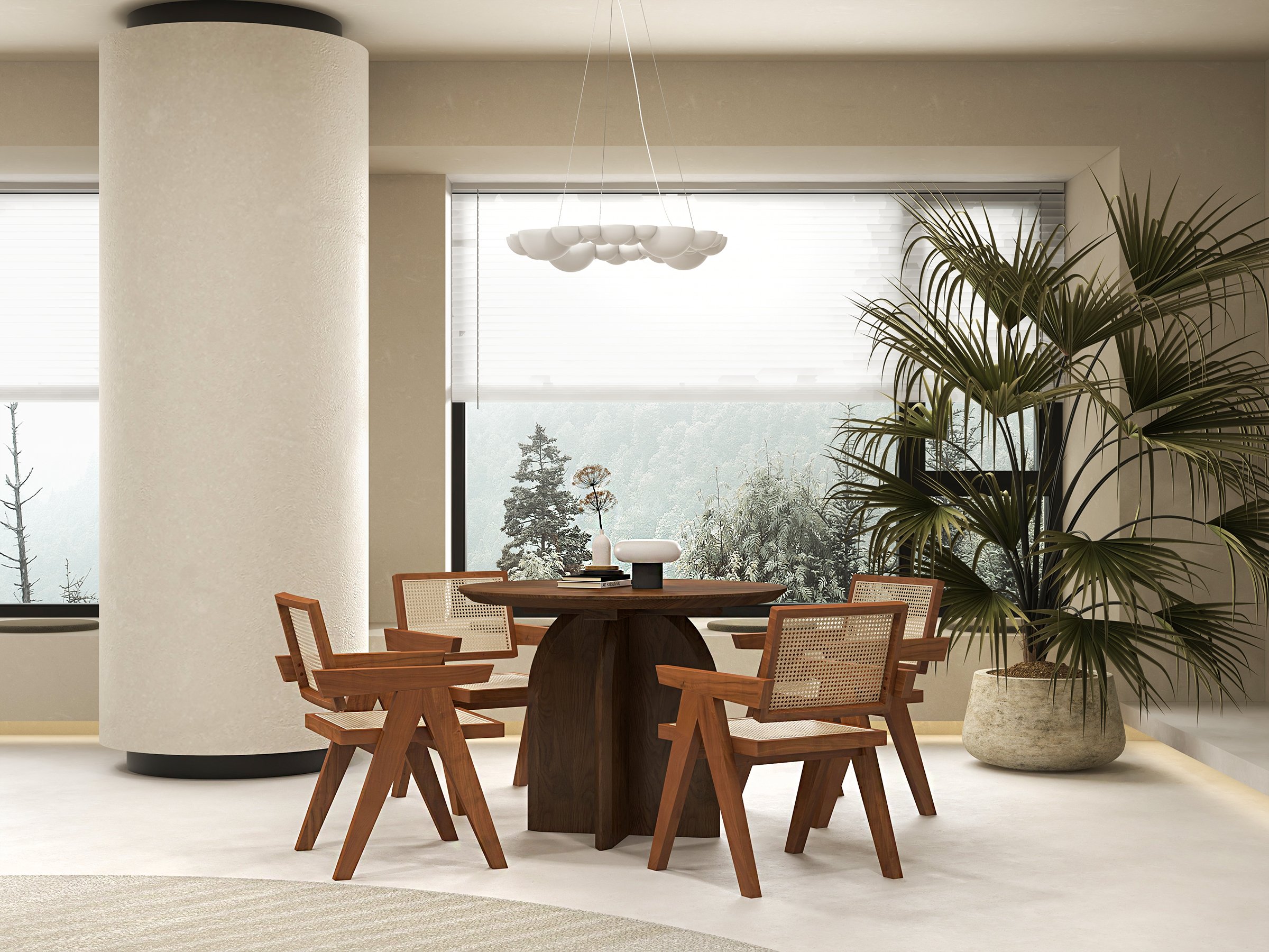 HMR Archic Japandi Bleached Wood Rattan Dining Chair with Solid Wood Frame - Natural, Without Upholstery, 1-Piece