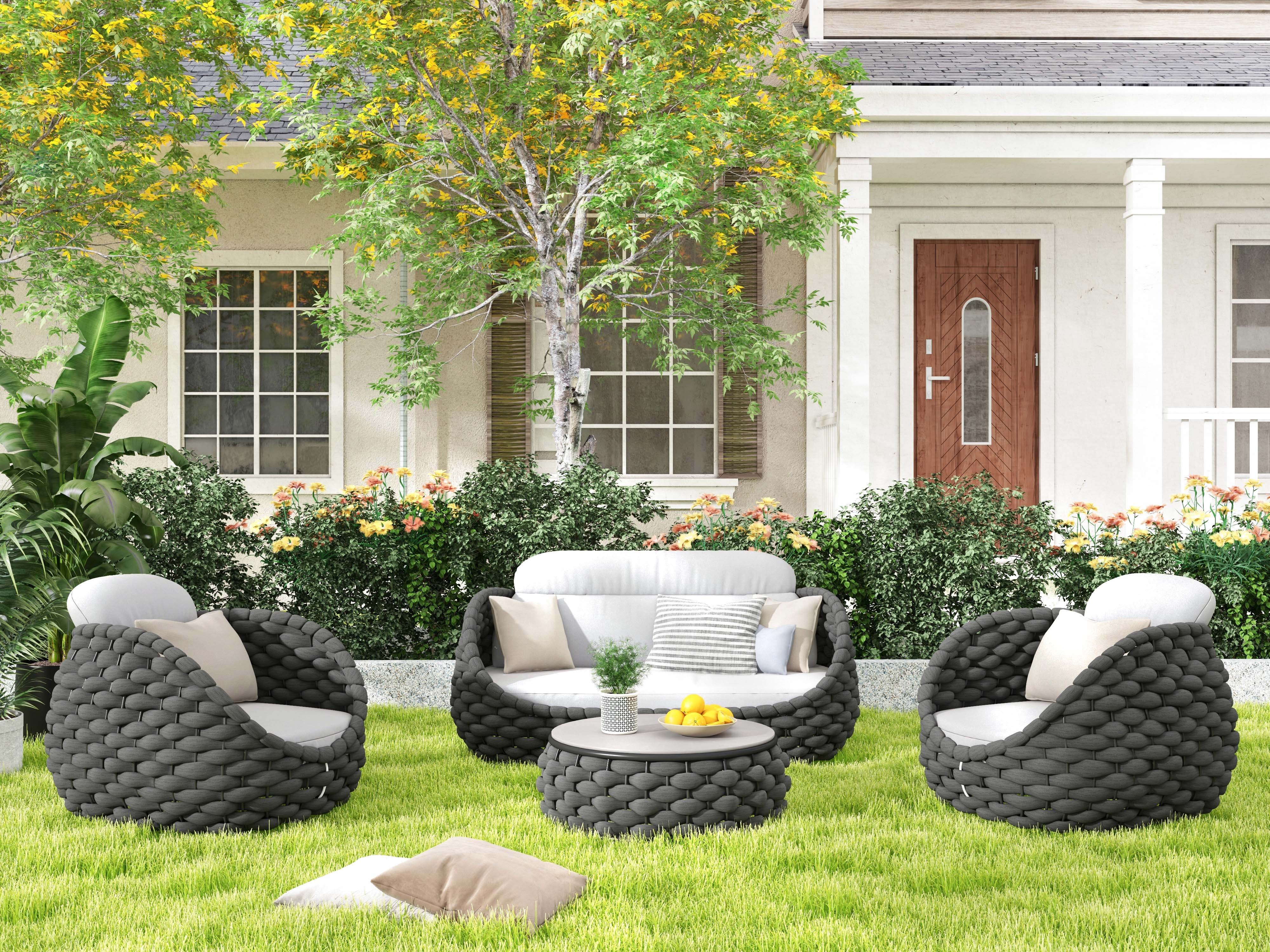 HMR - Tatta Woven Rope Outdoor Sofa Set with Faux Mable Top Coffee Table & Rotatable Chair