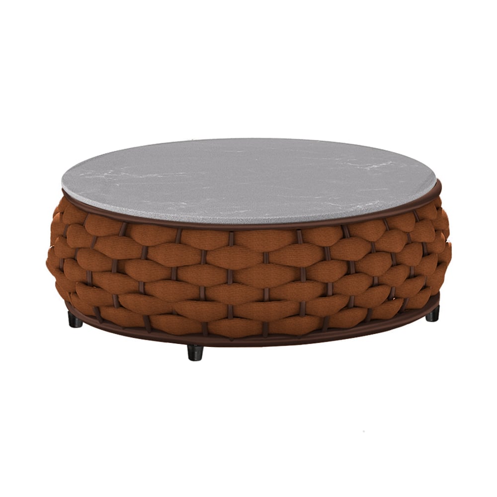 HMR Tatta Woven Rope Outdoor Sofa Set with Faux Mable Top Coffee Table & Rotatable Chair - Brown, 4-Person, Fixed Base