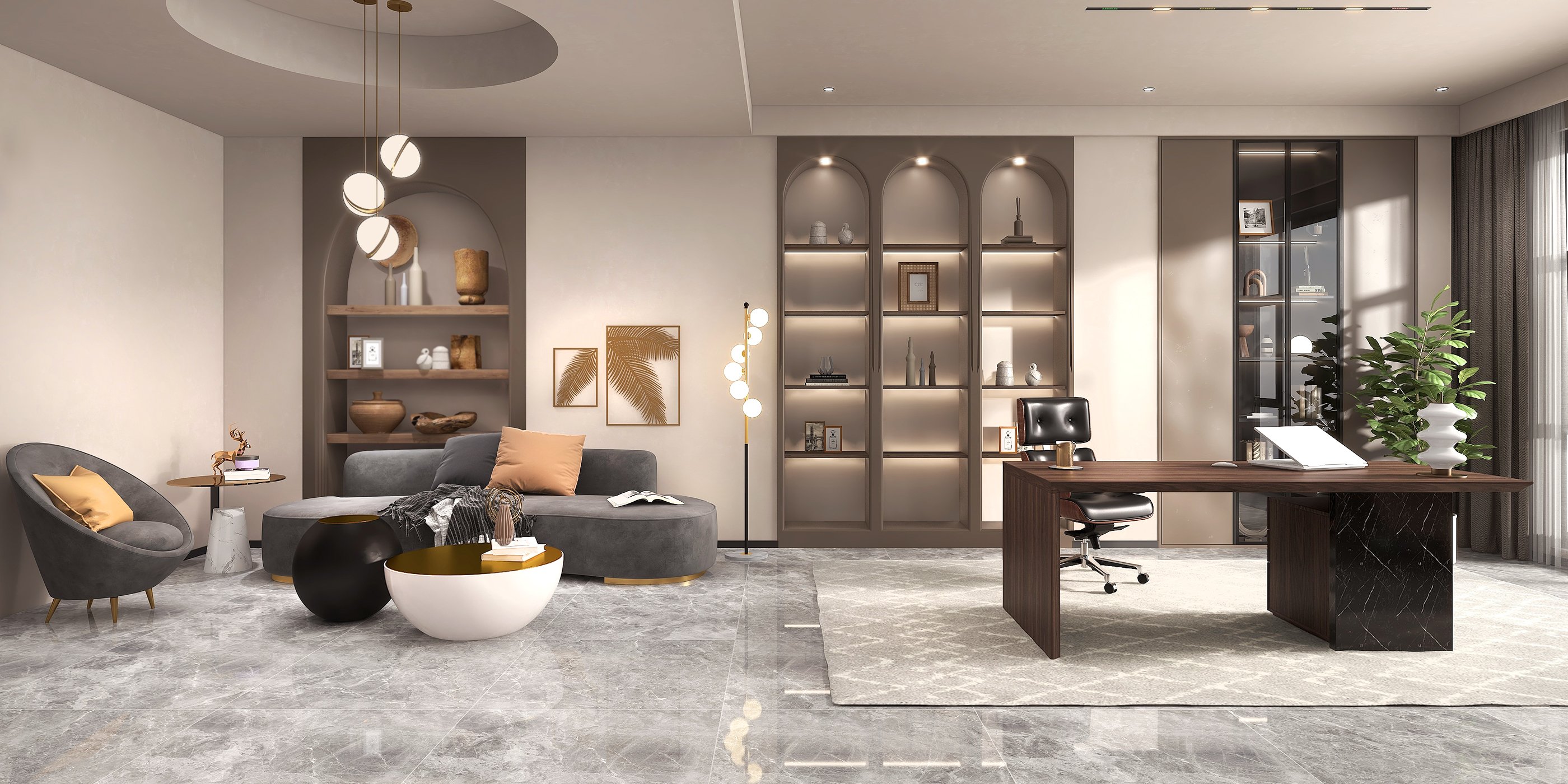 HMR Modern Home Office Desk with Movable File Cabinet - Black/Walnut, 59.8"