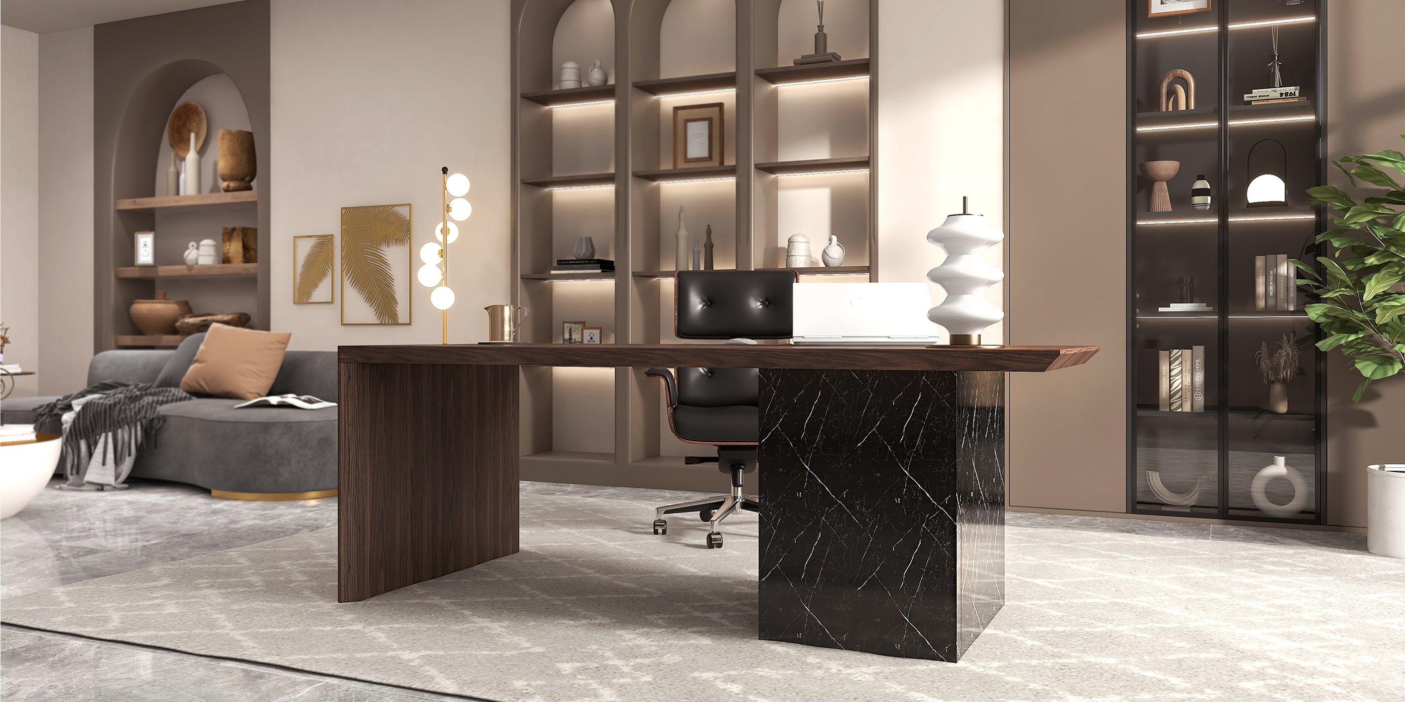 HMR Modern Home Office Desk with Movable File Cabinet - Black/Walnut, 59.8"