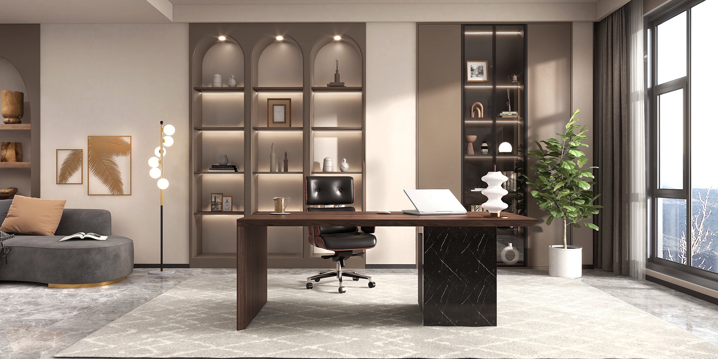 HMR Modern Home Office Desk with Movable File Cabinet - Black/Walnut, 59.8"