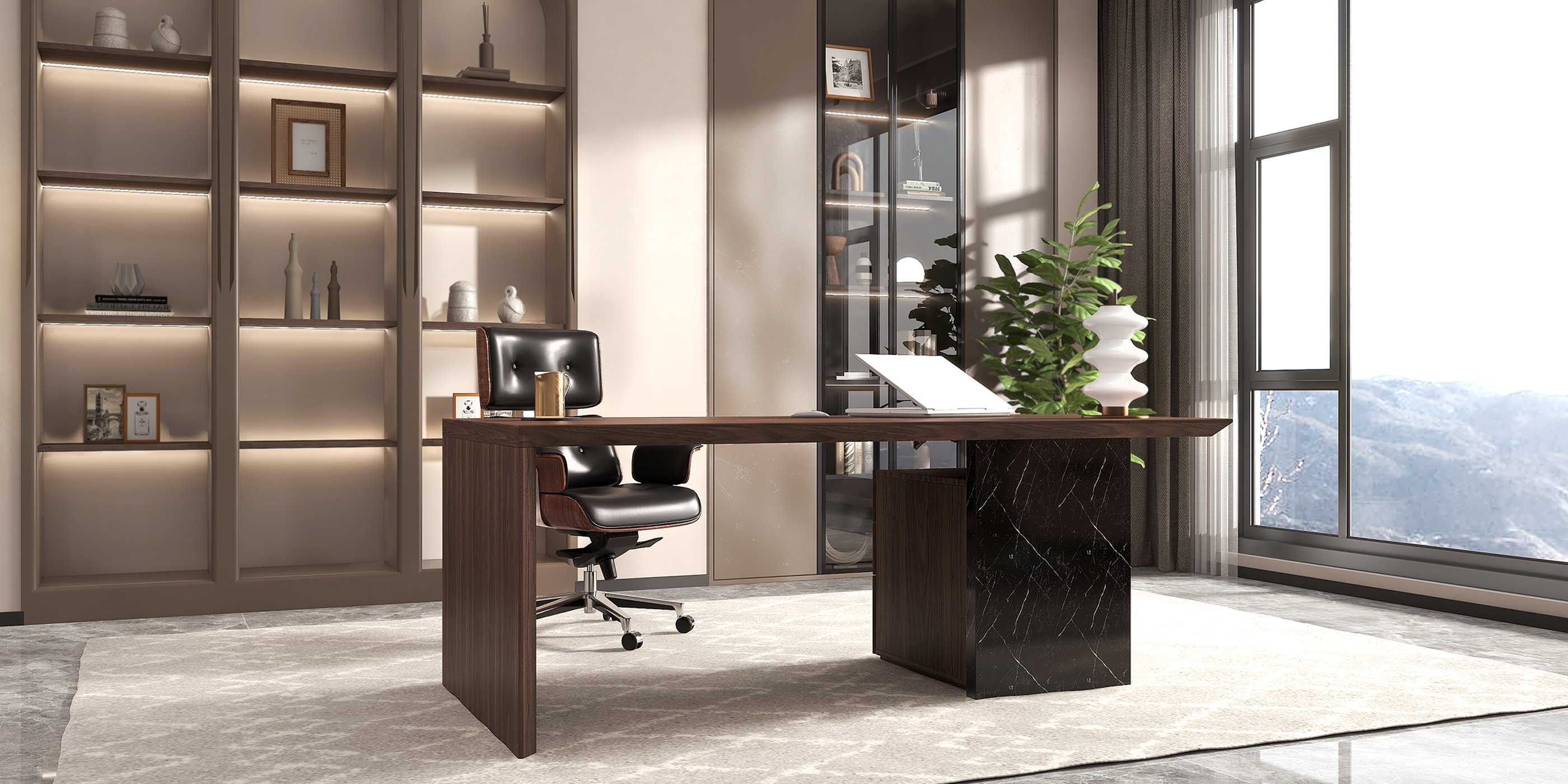 HMR Modern Home Office Desk with Movable File Cabinet - Black/Walnut, 59.8"