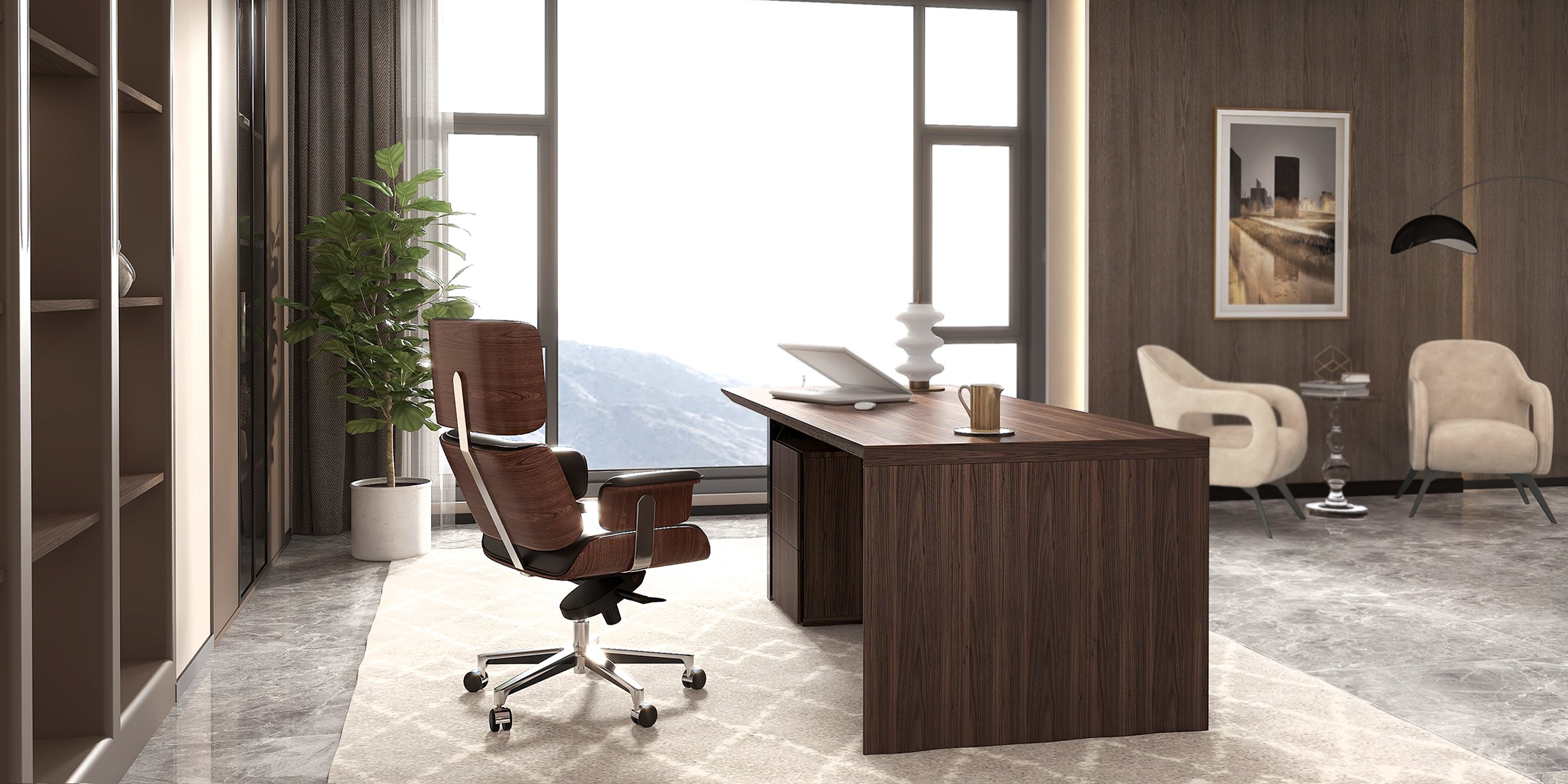 HMR Modern Home Office Desk with Movable File Cabinet - Black/Walnut, 59.8"