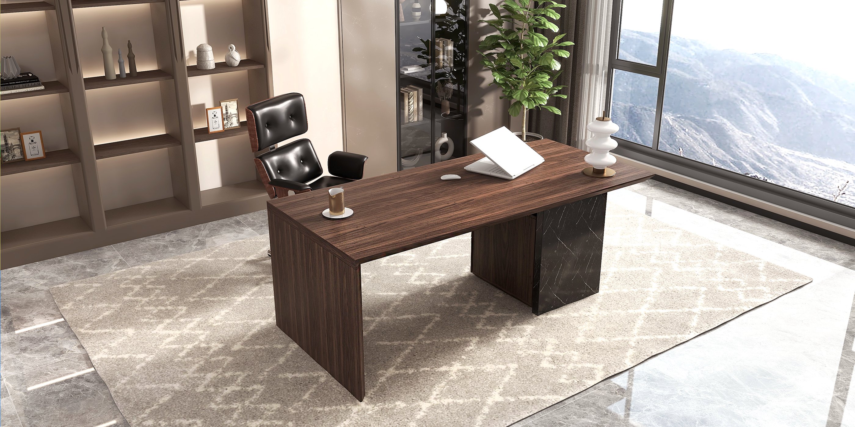 HMR Modern Home Office Desk with Movable File Cabinet - Black/Walnut, 59.8"