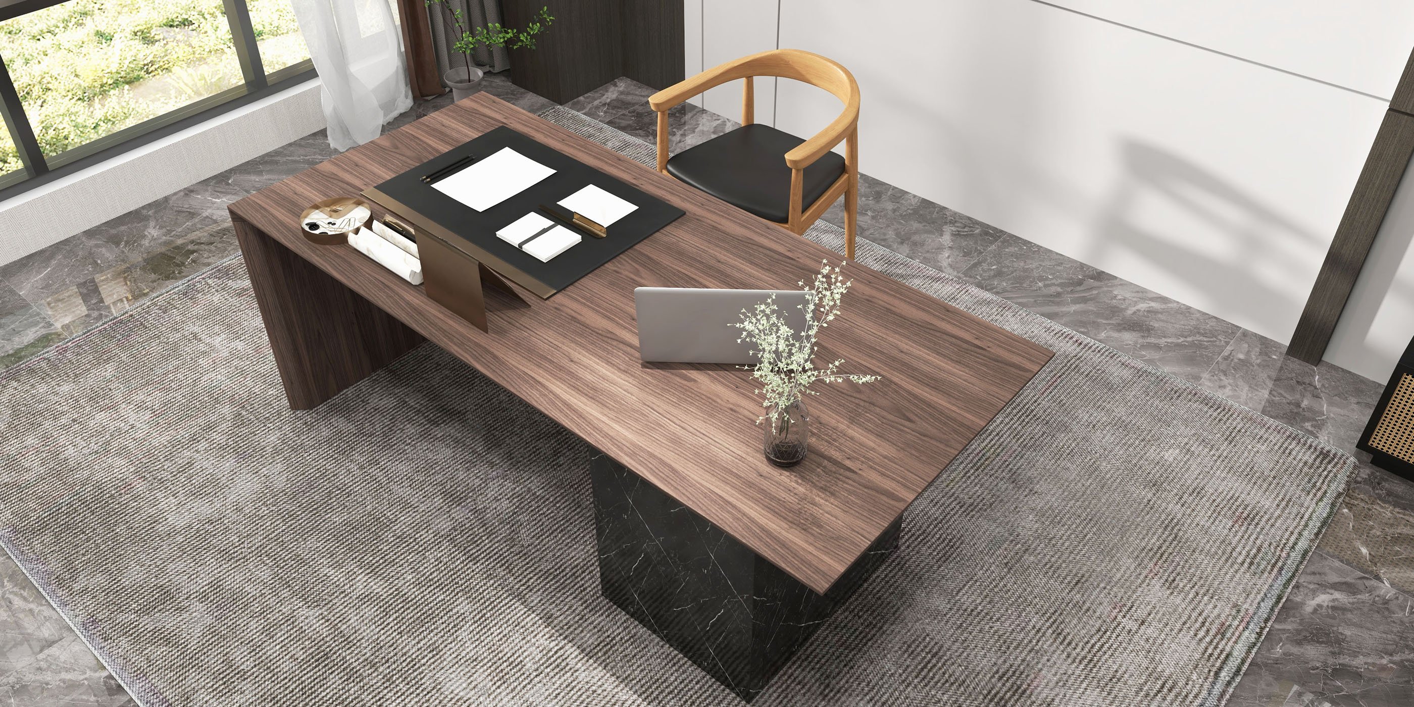 HMR Modern Home Office Desk with Movable File Cabinet - Black/Walnut, 59.8"