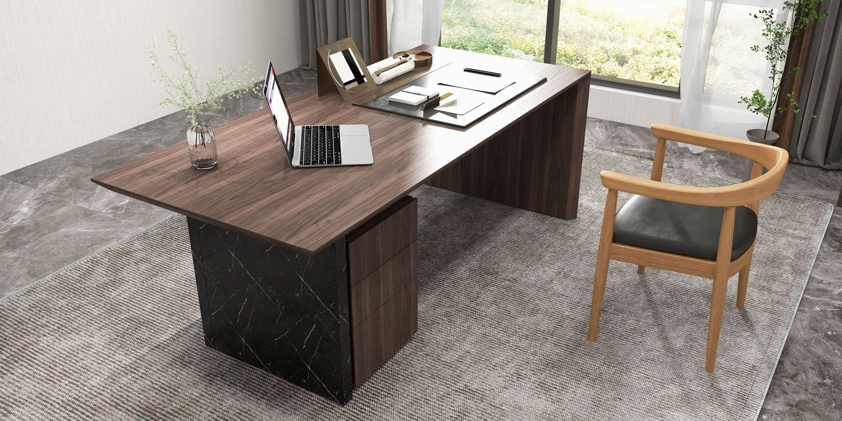 HMR Modern Home Office Desk with Movable File Cabinet - Black/Walnut, 59.8"