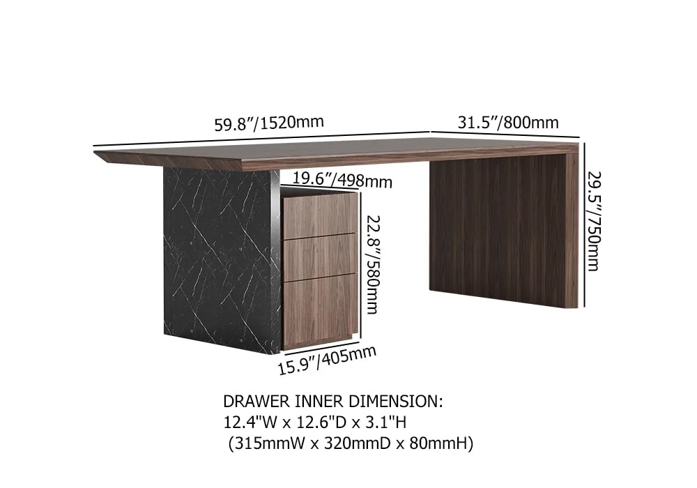 HMR Modern Home Office Desk with Movable File Cabinet - Black/Walnut, 59.8"