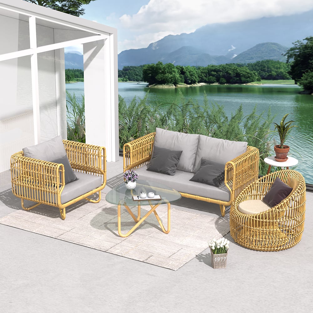HMR - 4-Pieces Rattan Outdoor Sofa Set with Glass Top Coffee Table and Cushions in Yellow