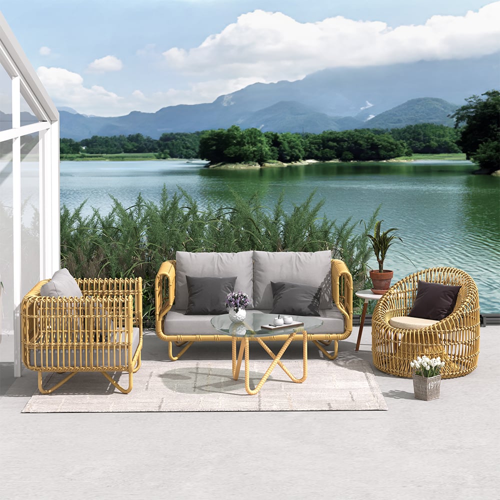 HMR - 4-Pieces Rattan Outdoor Sofa Set with Glass Top Coffee Table and Cushions in Yellow