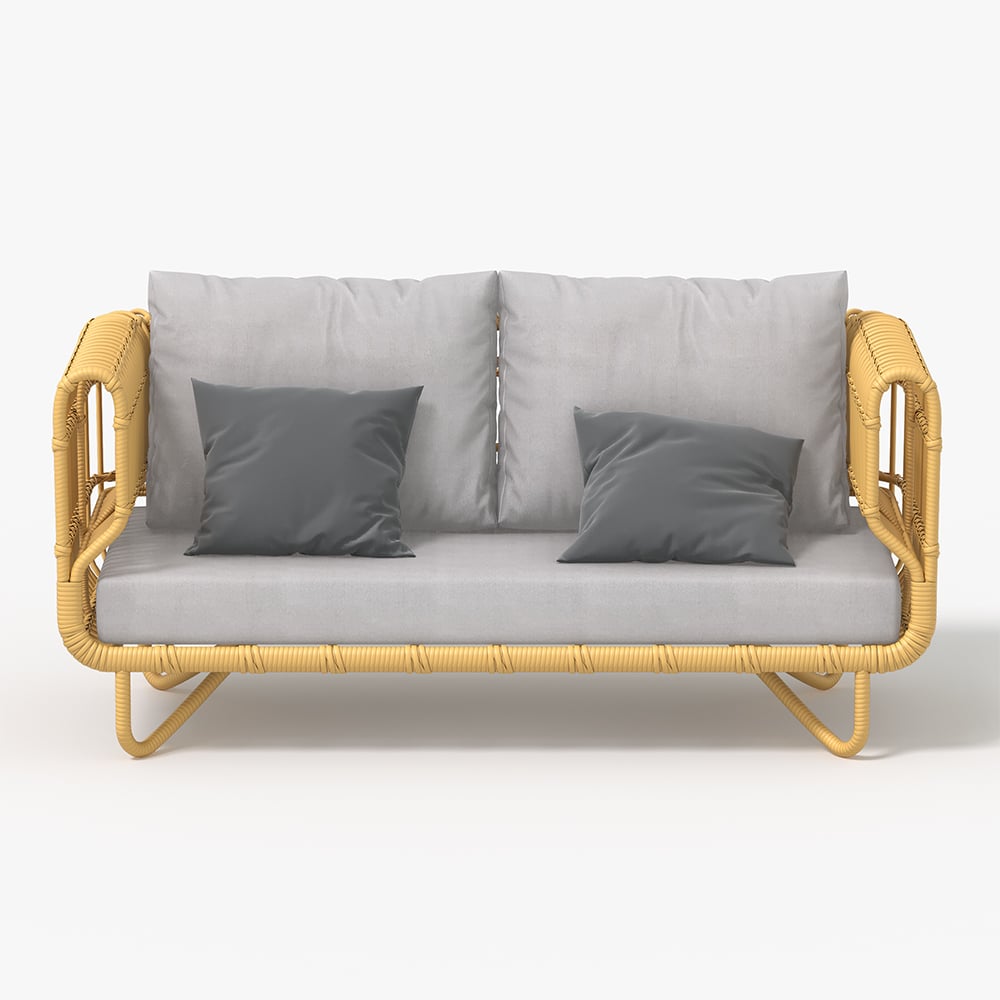 HMR - 4-Pieces Rattan Outdoor Sofa Set with Glass Top Coffee Table and Cushions in Yellow