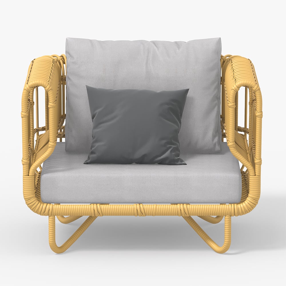 HMR - 4-Pieces Rattan Outdoor Sofa Set with Glass Top Coffee Table and Cushions in Yellow