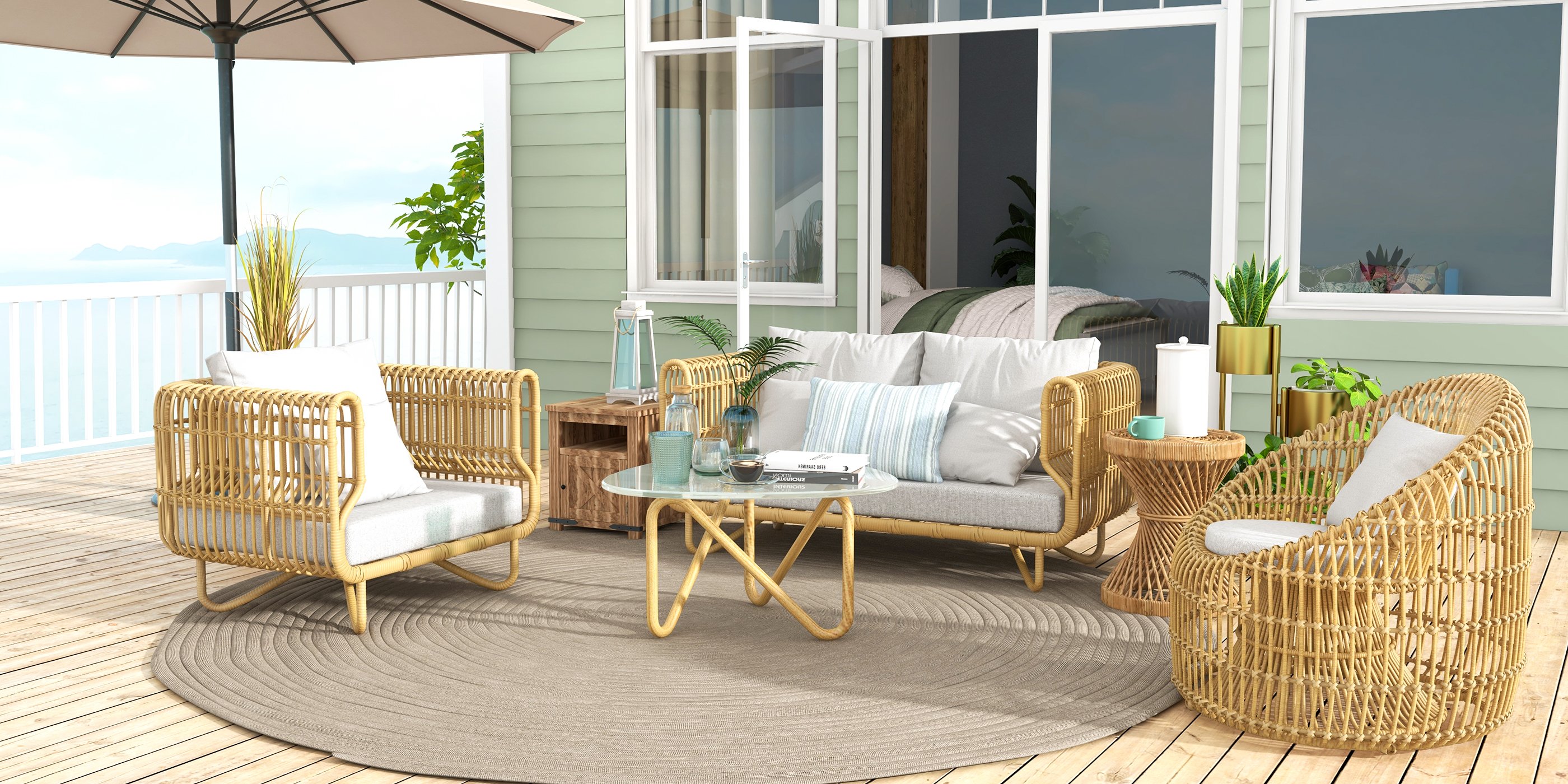 HMR - 4-Pieces Rattan Outdoor Sofa Set with Glass Top Coffee Table and Cushions in Yellow