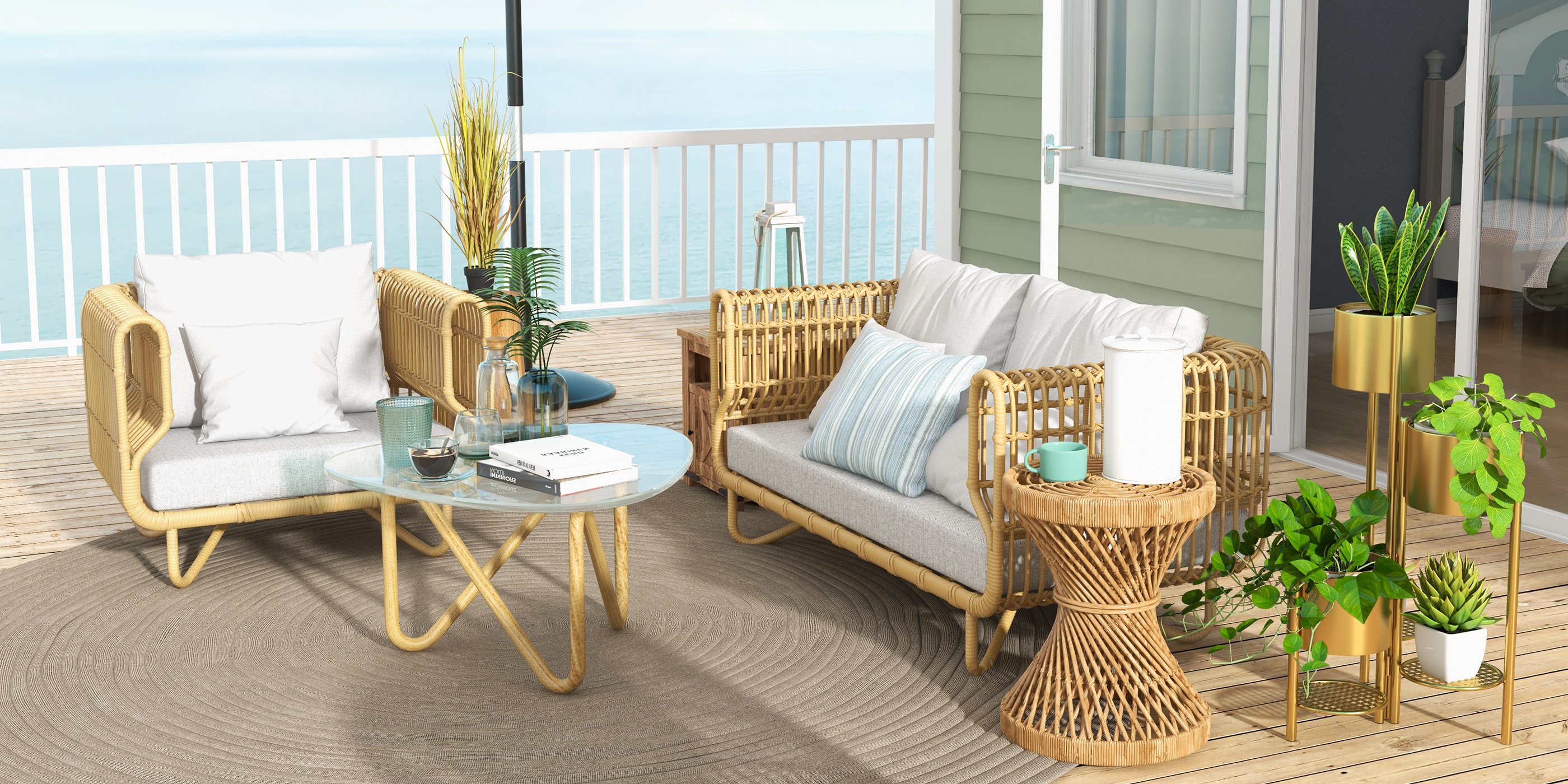 HMR - 4-Pieces Rattan Outdoor Sofa Set with Glass Top Coffee Table and Cushions in Yellow