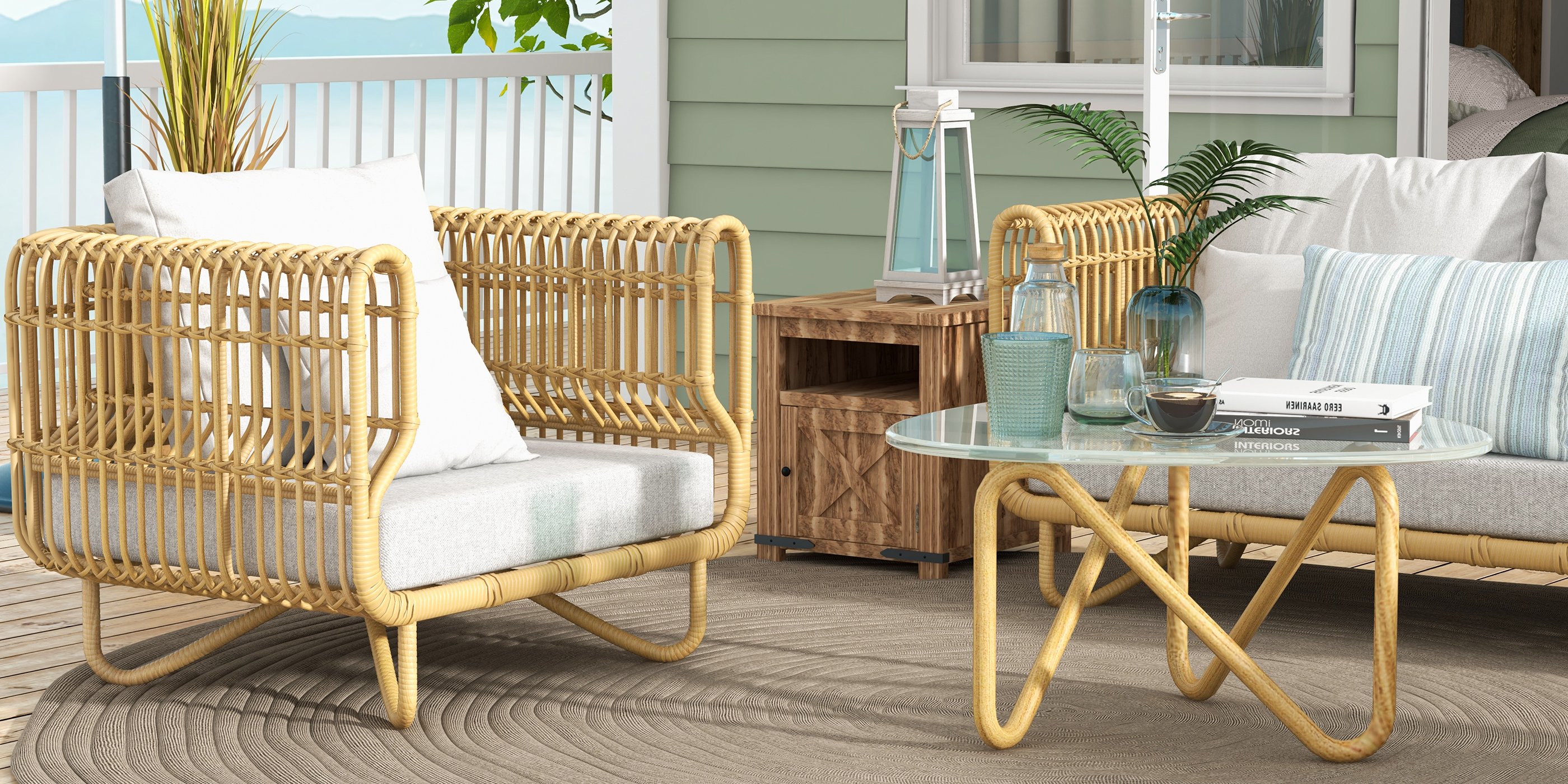 HMR - 4-Pieces Rattan Outdoor Sofa Set with Glass Top Coffee Table and Cushions in Yellow