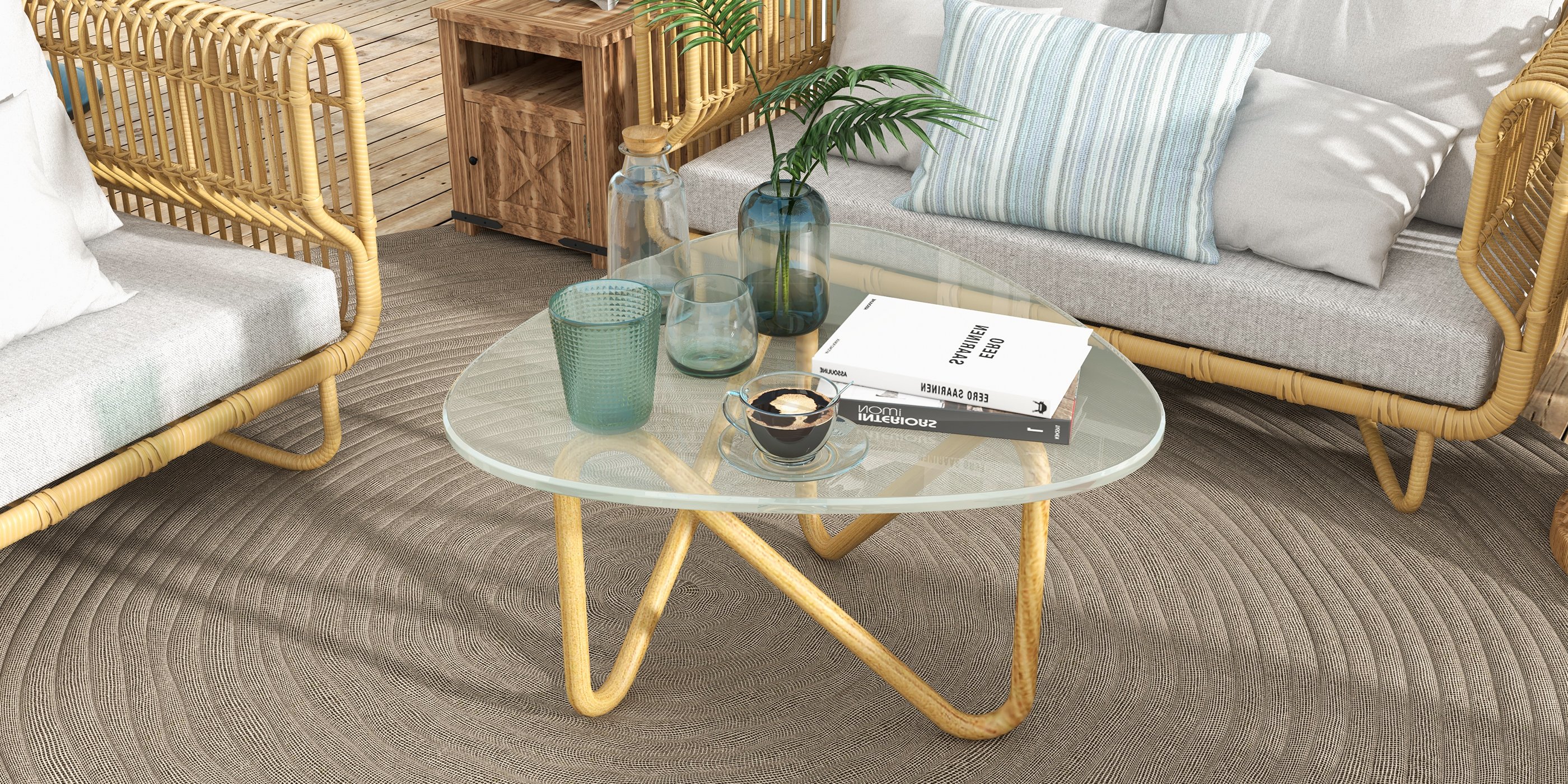 HMR - 4-Pieces Rattan Outdoor Sofa Set with Glass Top Coffee Table and Cushions in Yellow