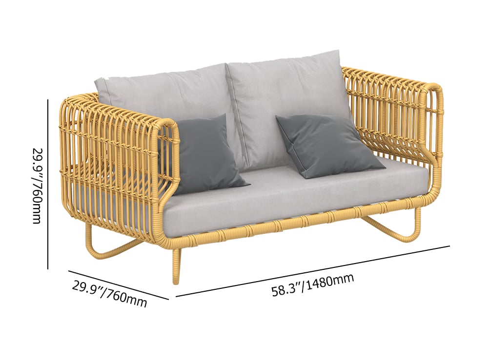 HMR - 4-Pieces Rattan Outdoor Sofa Set with Glass Top Coffee Table and Cushions in Yellow