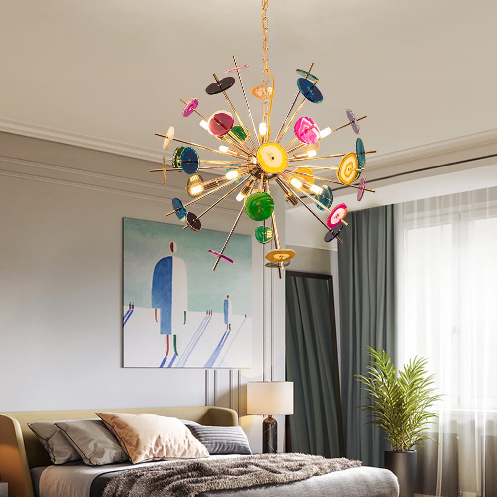 HMR - Art Deco 12-Light Sputnik Agate Chandelier with Adjustable Chain in Rose Gold