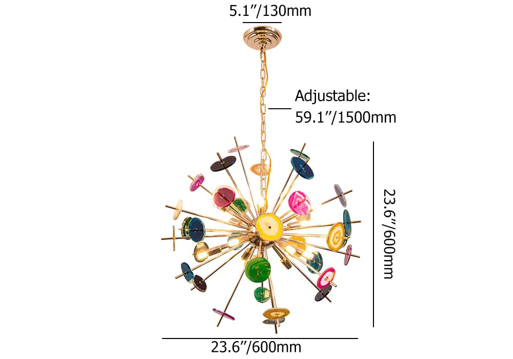 HMR - Art Deco 12-Light Sputnik Agate Chandelier with Adjustable Chain in Rose Gold