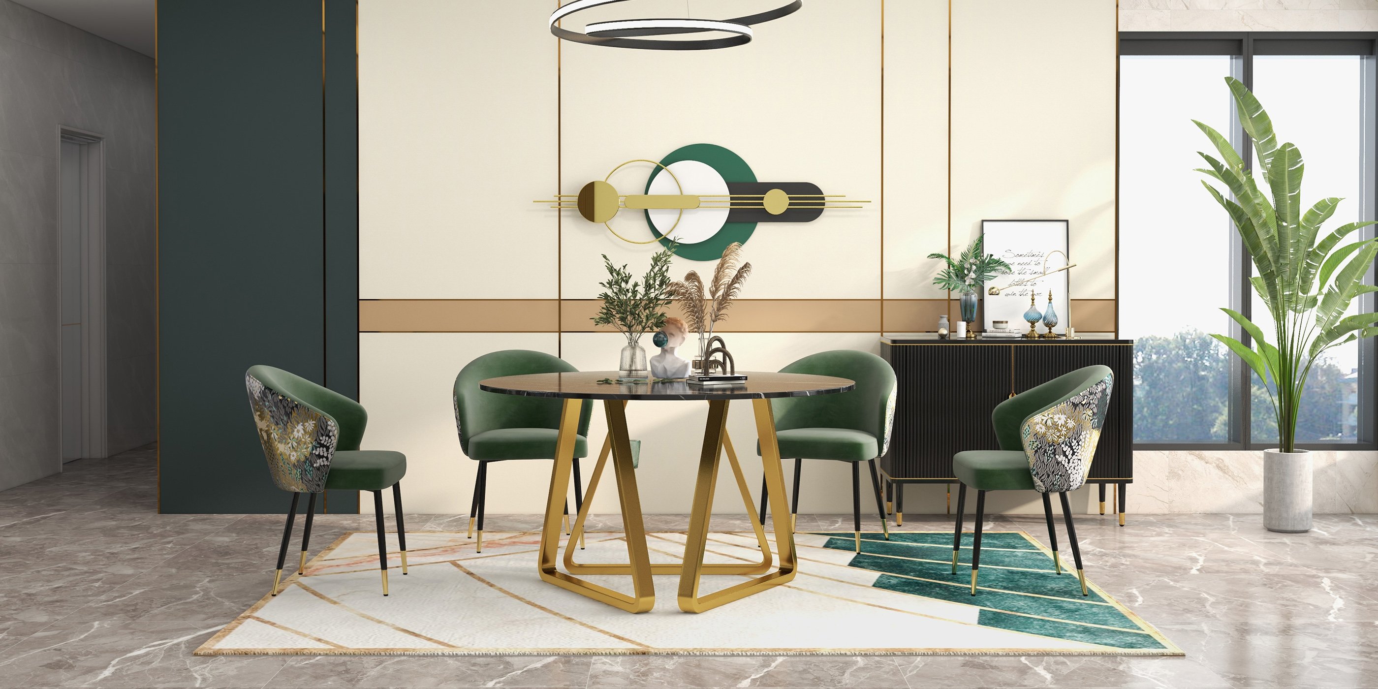 HMR - 63"Modern Metal Wall Decor for Living Room Bedroom Geometric Wall Art in Gold & Green