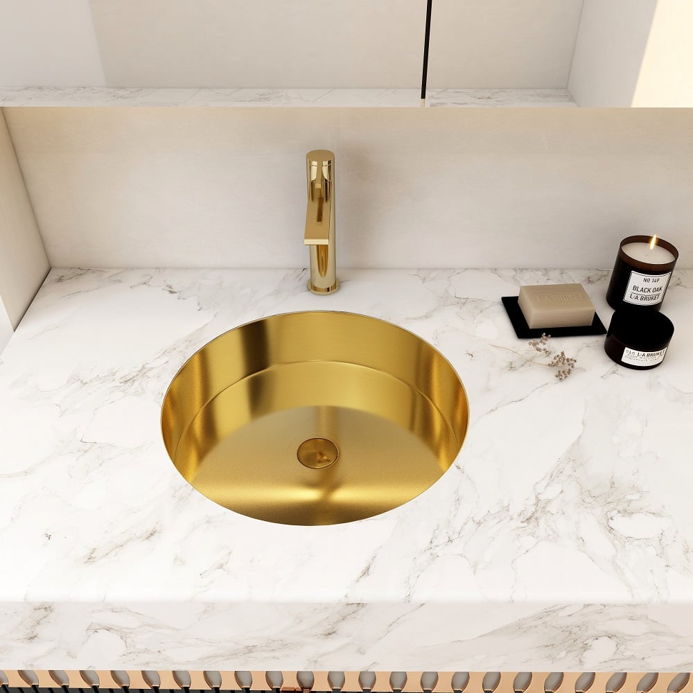 HMR - Brushed Gold Modern Luxury Stainless Steel Round Sink Undermount Bathroom Wash Sink