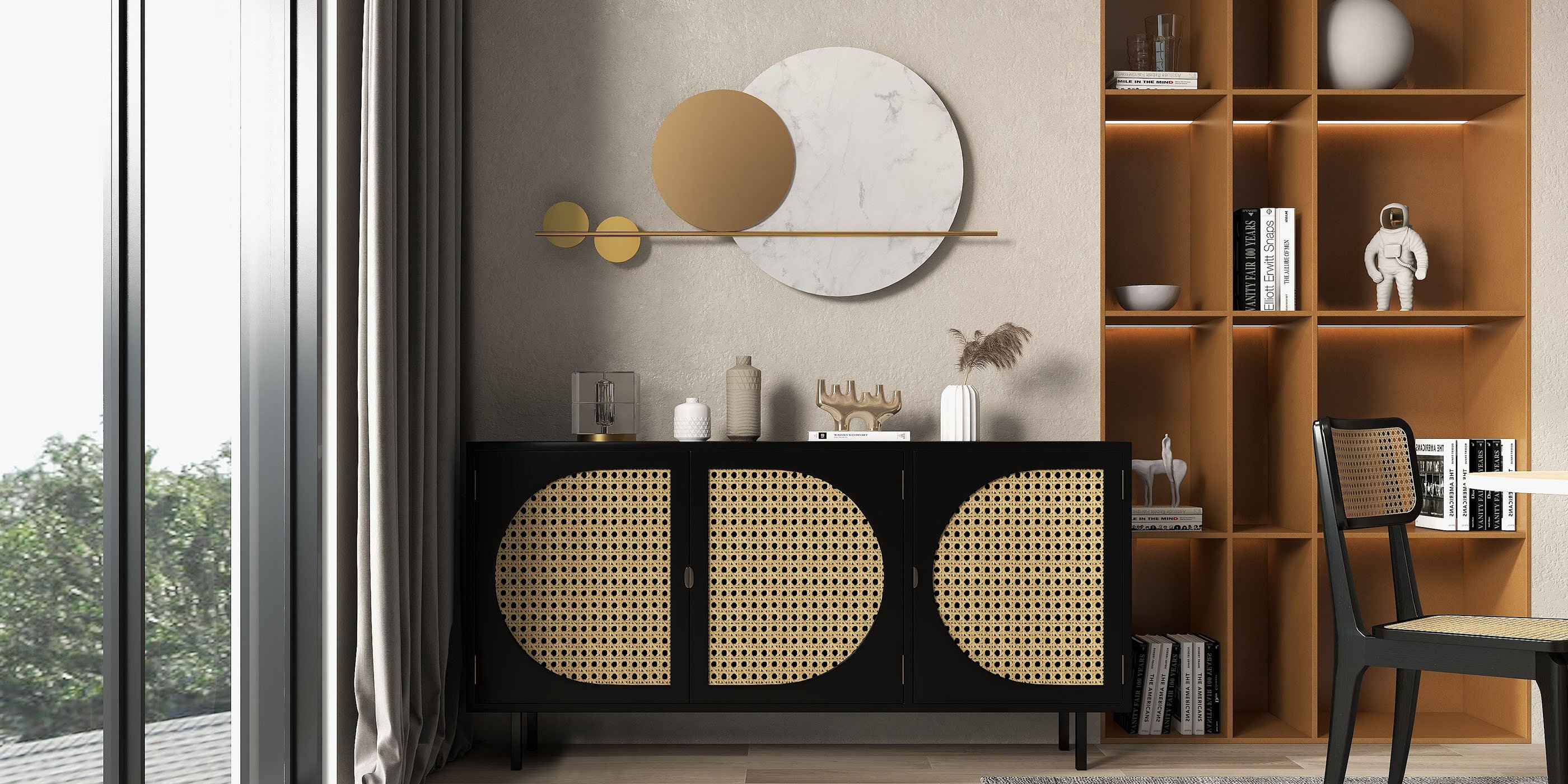 HMR - 47.2" Modern Geometric Wall Decor Round Metal Wall Art in Gold & White for Living Room