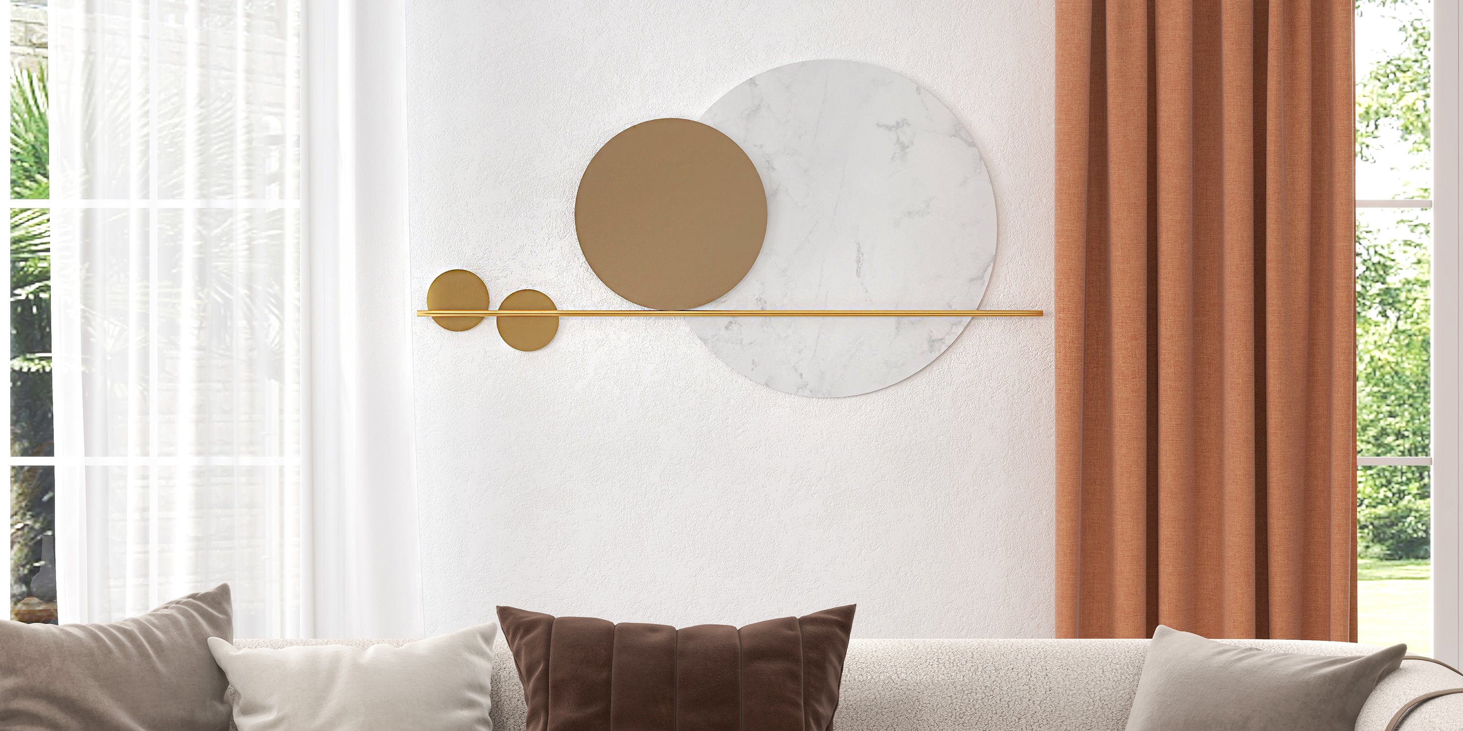 HMR - 47.2" Modern Geometric Wall Decor Round Metal Wall Art in Gold & White for Living Room