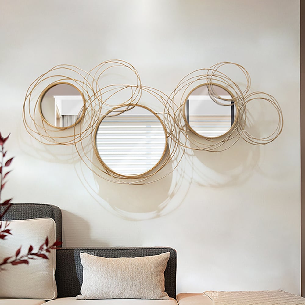 HMR Modern Luxury Gold Round Wall Mirror Creative 3D Overlapping Metal Décor - 6 Rings