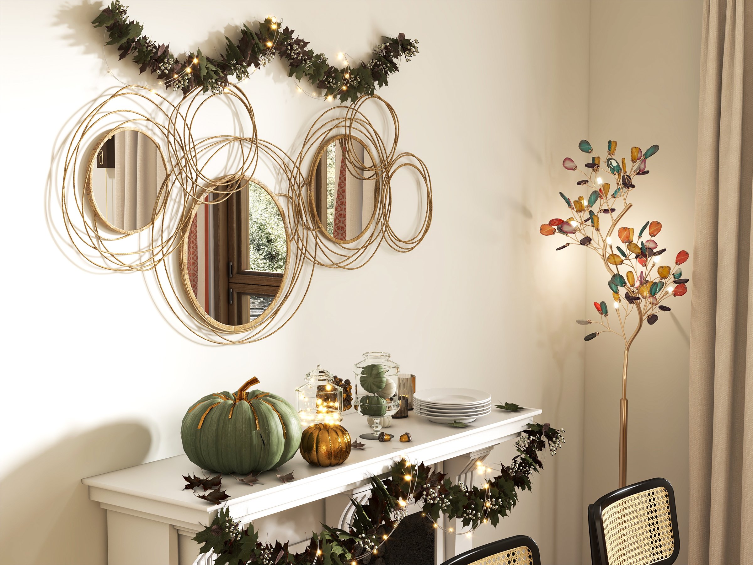 HMR Modern Luxury Gold Round Wall Mirror Creative 3D Overlapping Metal Décor - 6 Rings