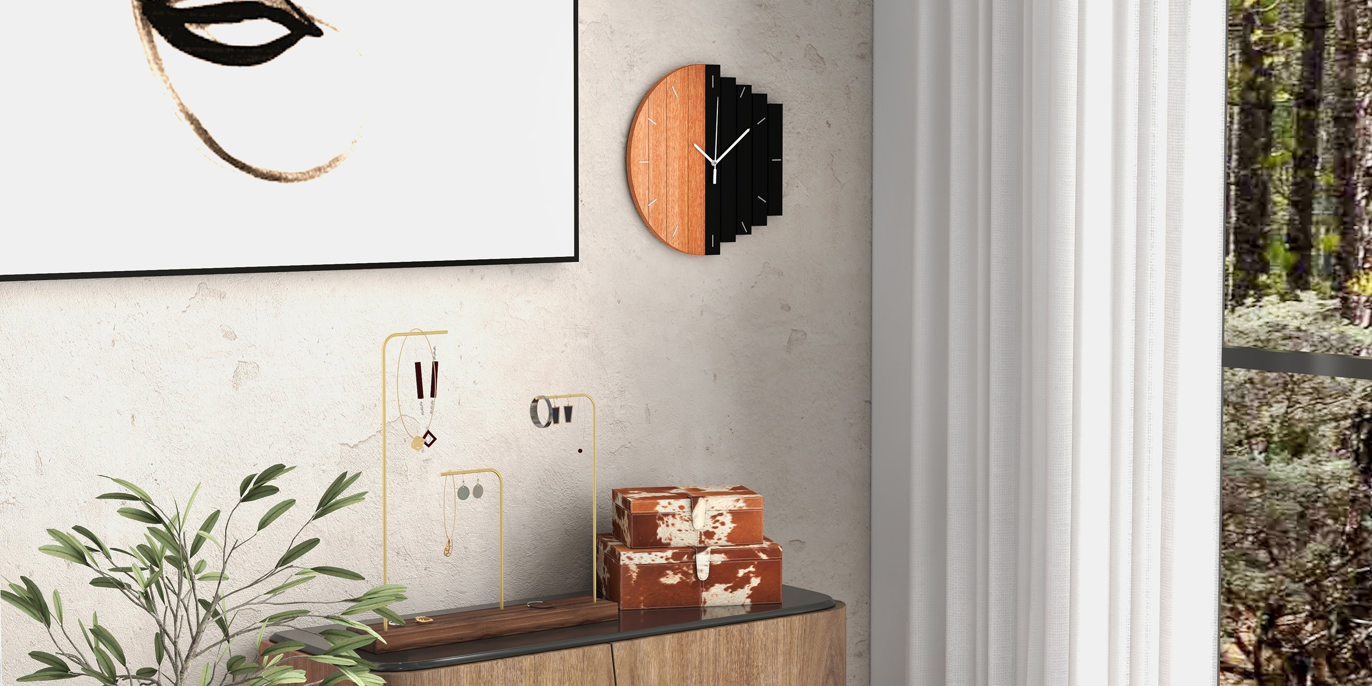 HMR - Abstract Wall Clock Hanging Artistic Decor in Natural Wood