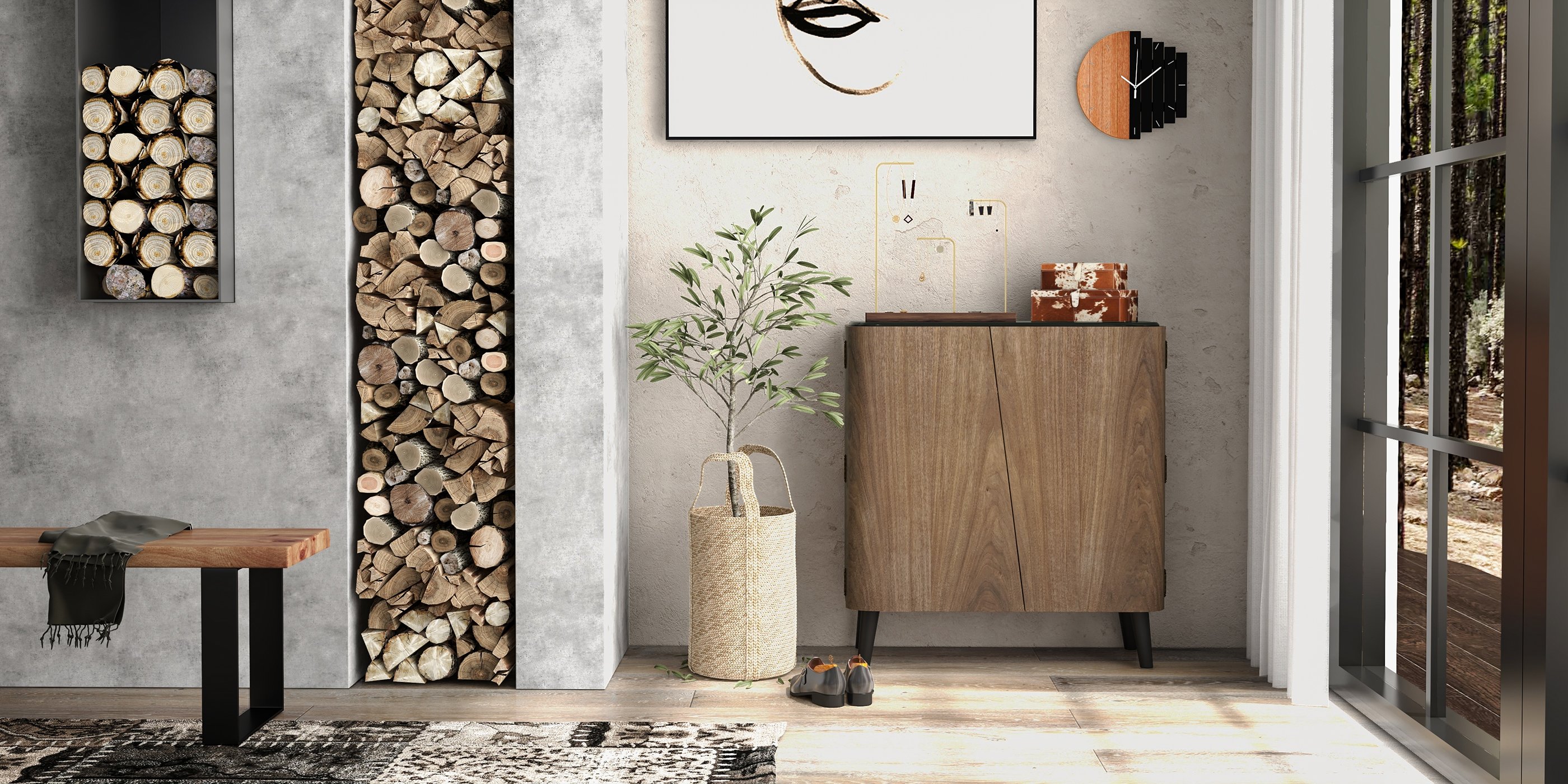 HMR - Abstract Wall Clock Hanging Artistic Decor in Natural Wood