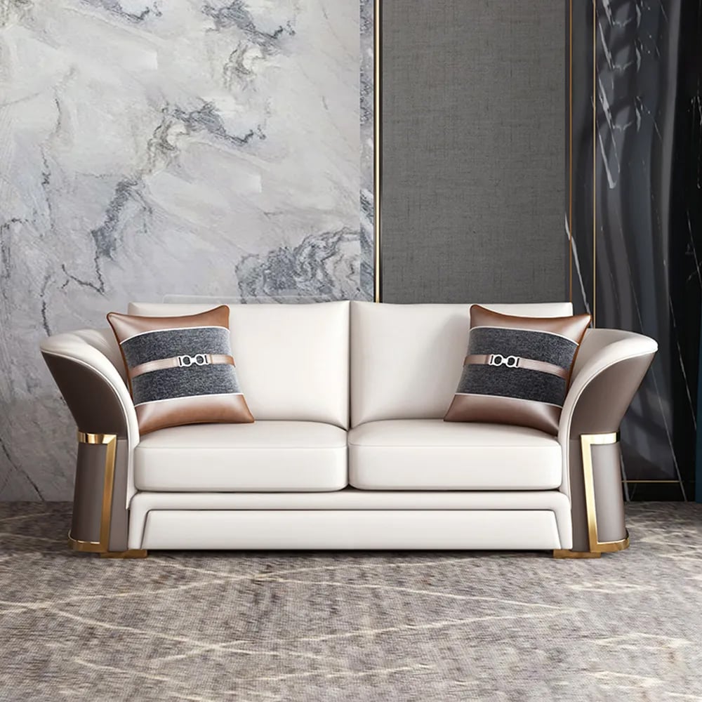 HMR - Modern Faux Leather Living Room Sofa Set in Brown & White Set of 3