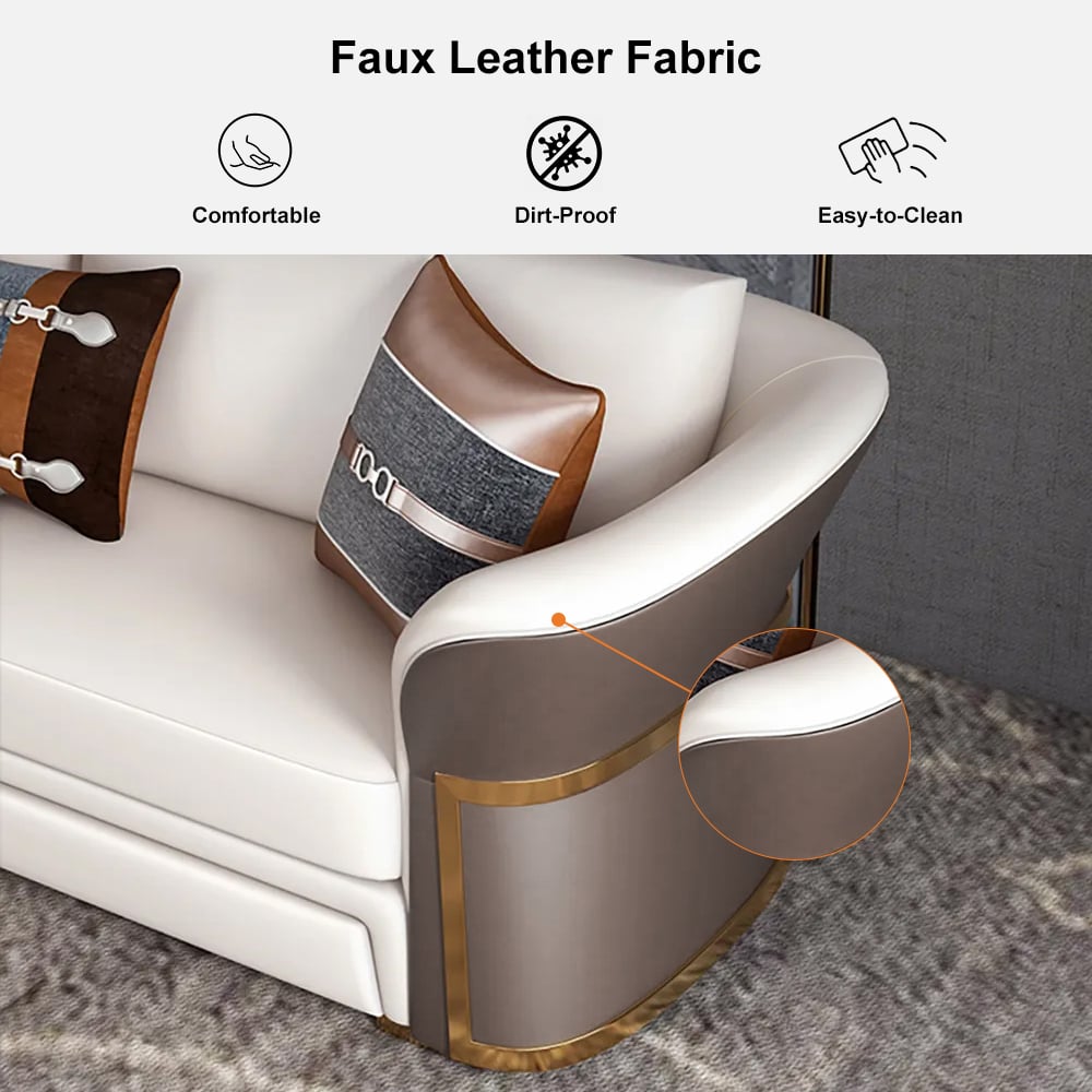 HMR - Modern Faux Leather Living Room Sofa Set in Brown & White Set of 3